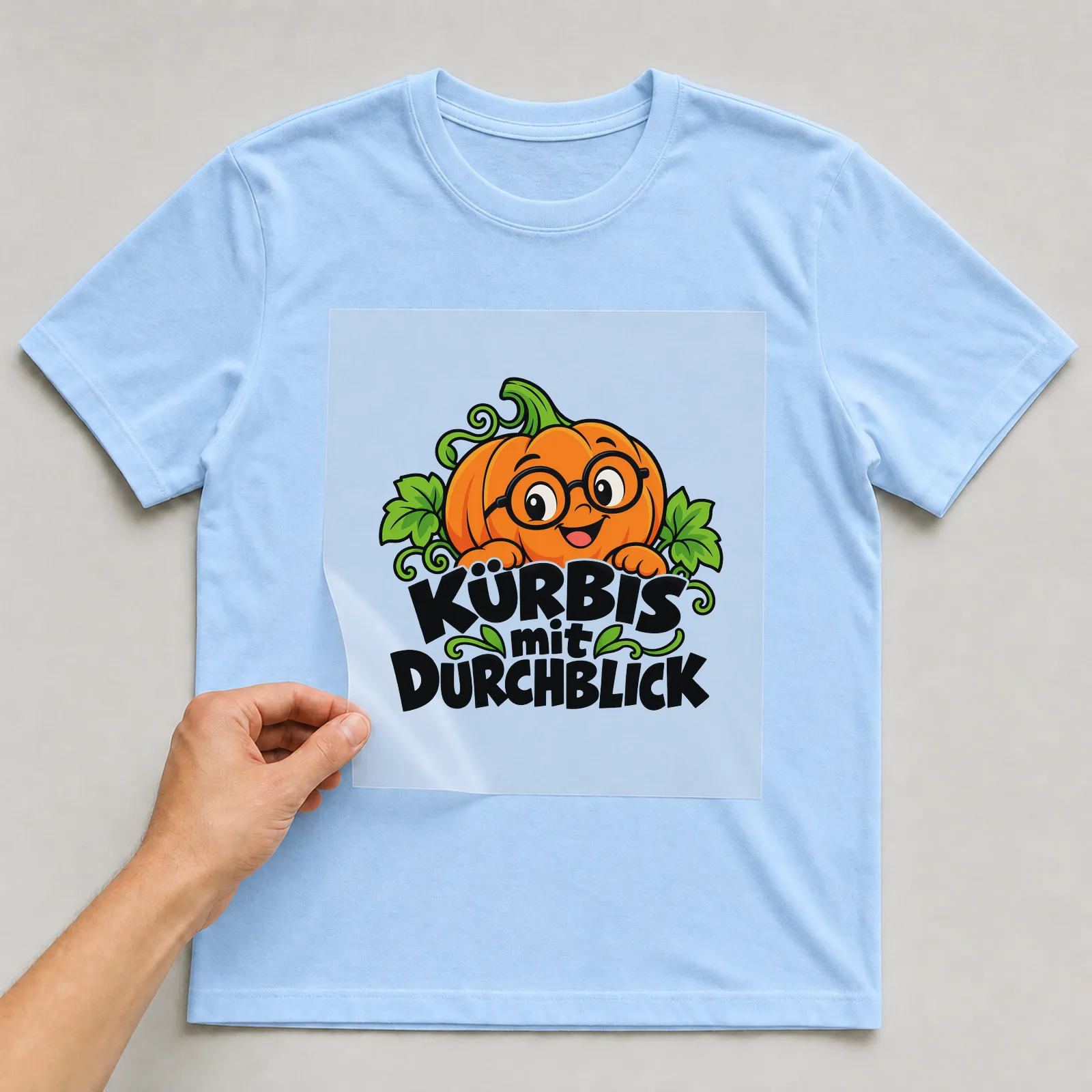 Bügelbild „KÜRBIS mit DURCHBLICK“ auf hellblauem T-Shirt, Folie wird aufgelegt