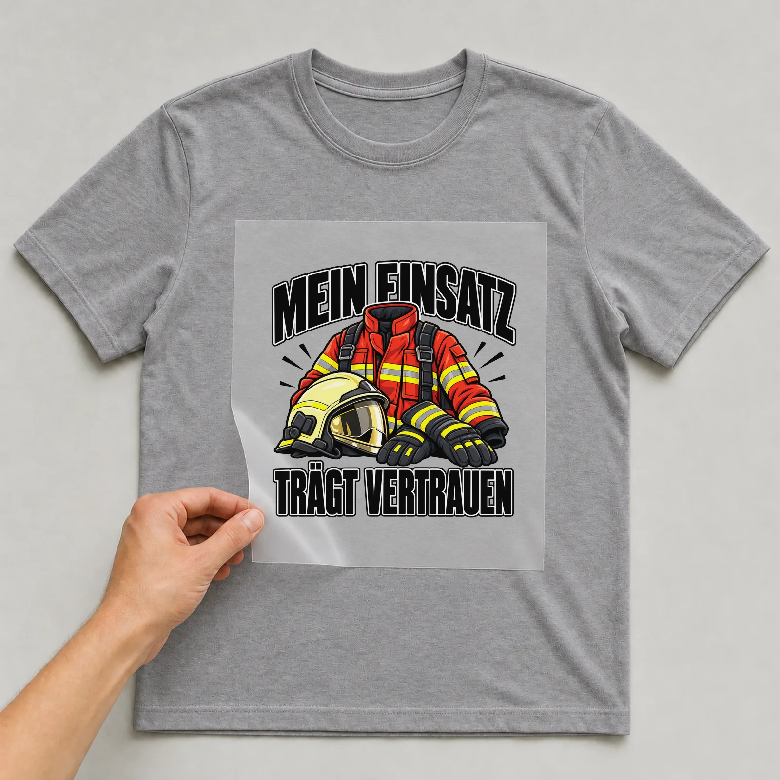 Bügelbild „Mein Einsatz trägt vertrauen“ auf grauem T-Shirt, Folie wird aufgelegt