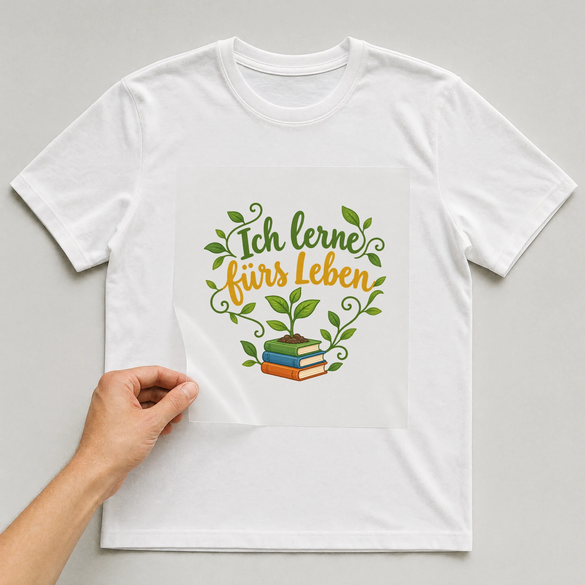 Bügelbild „Ich lerne fürs Leben“ auf weißem T-Shirt, Folie wird aufgelegt