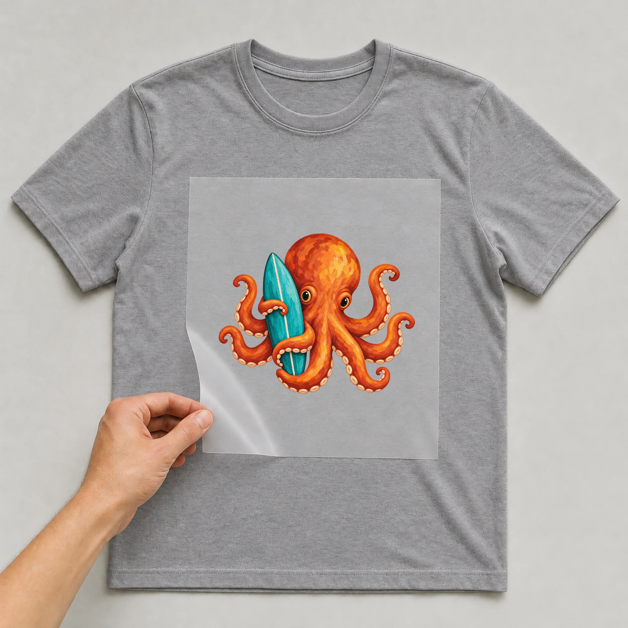 Bügelbild „Surfing Octopus“ auf grauem T-Shirt, Folie wird aufgelegt