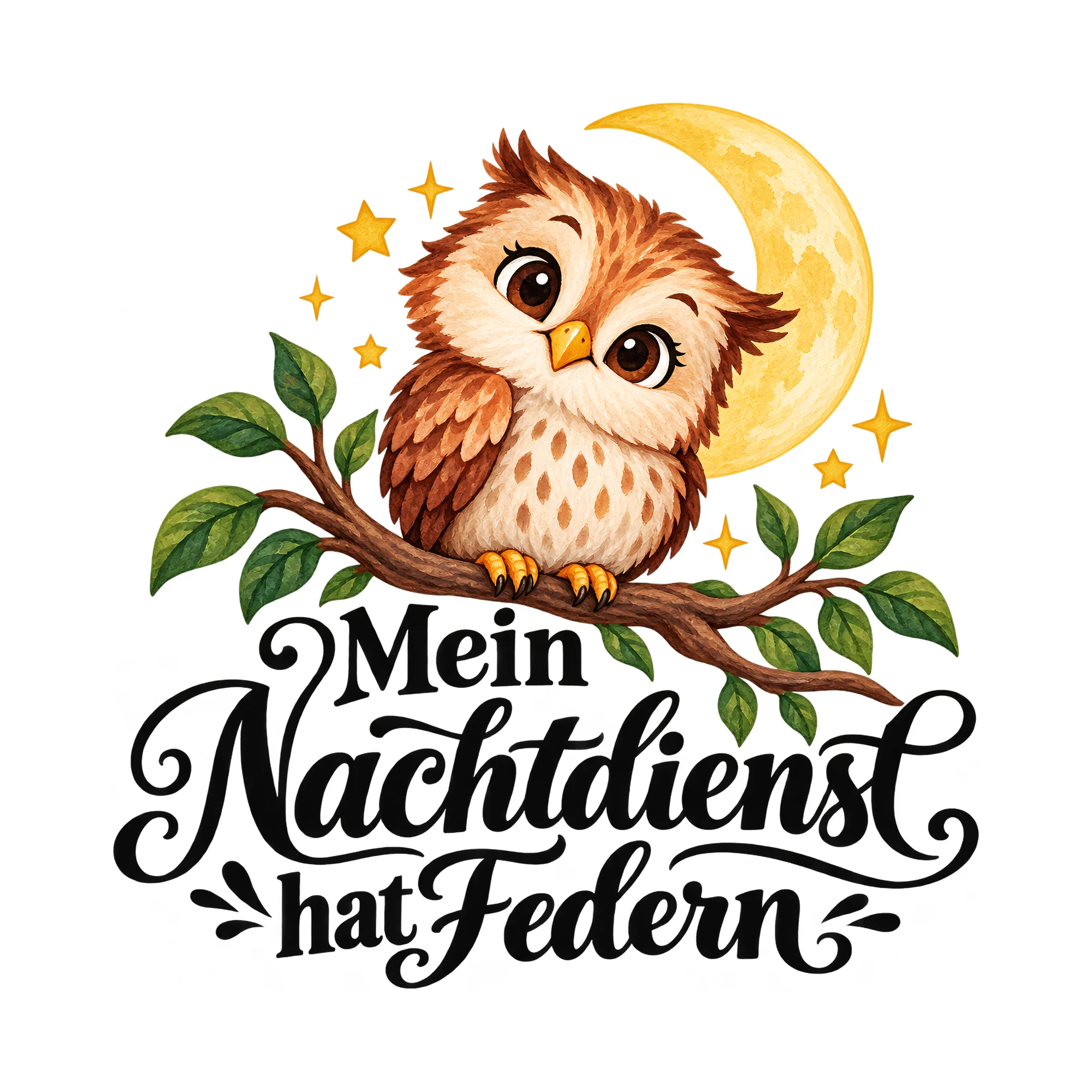 Bügelbild Mein Nachtdienst hat Federn als Grafik auf weißem Hintergrund (BB014309)