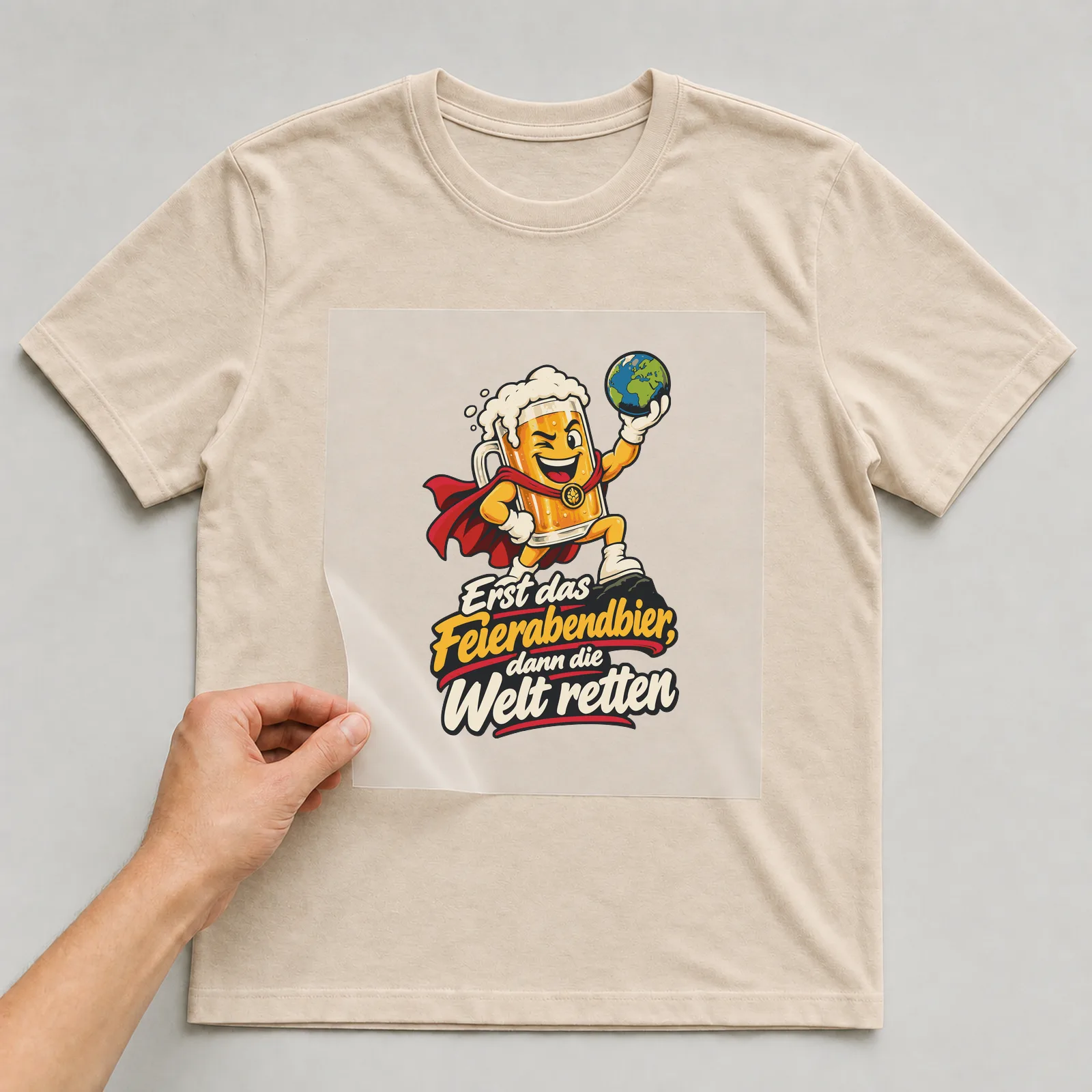 Bügelbild Erst das Feierabendbier, dann die Welt retten auf beigem T-Shirt, Folie wird aufgelegt
