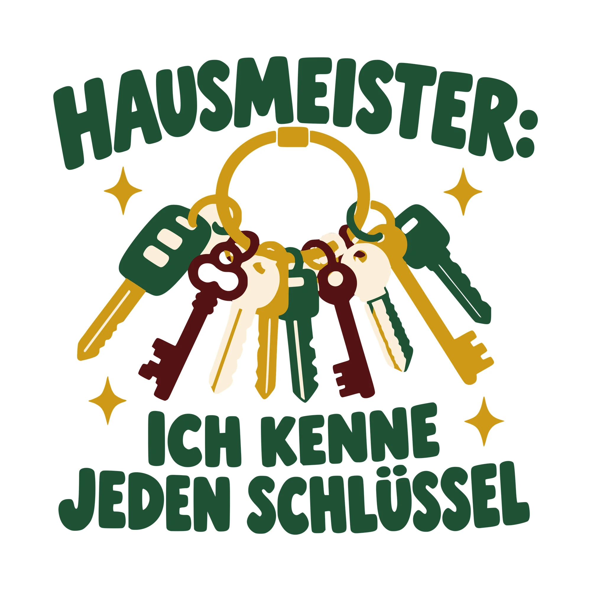 Bügelbild Hausmeister: Ich kenne jeden Schlüssel als Grafik auf weißem Hintergrund (BB010610)