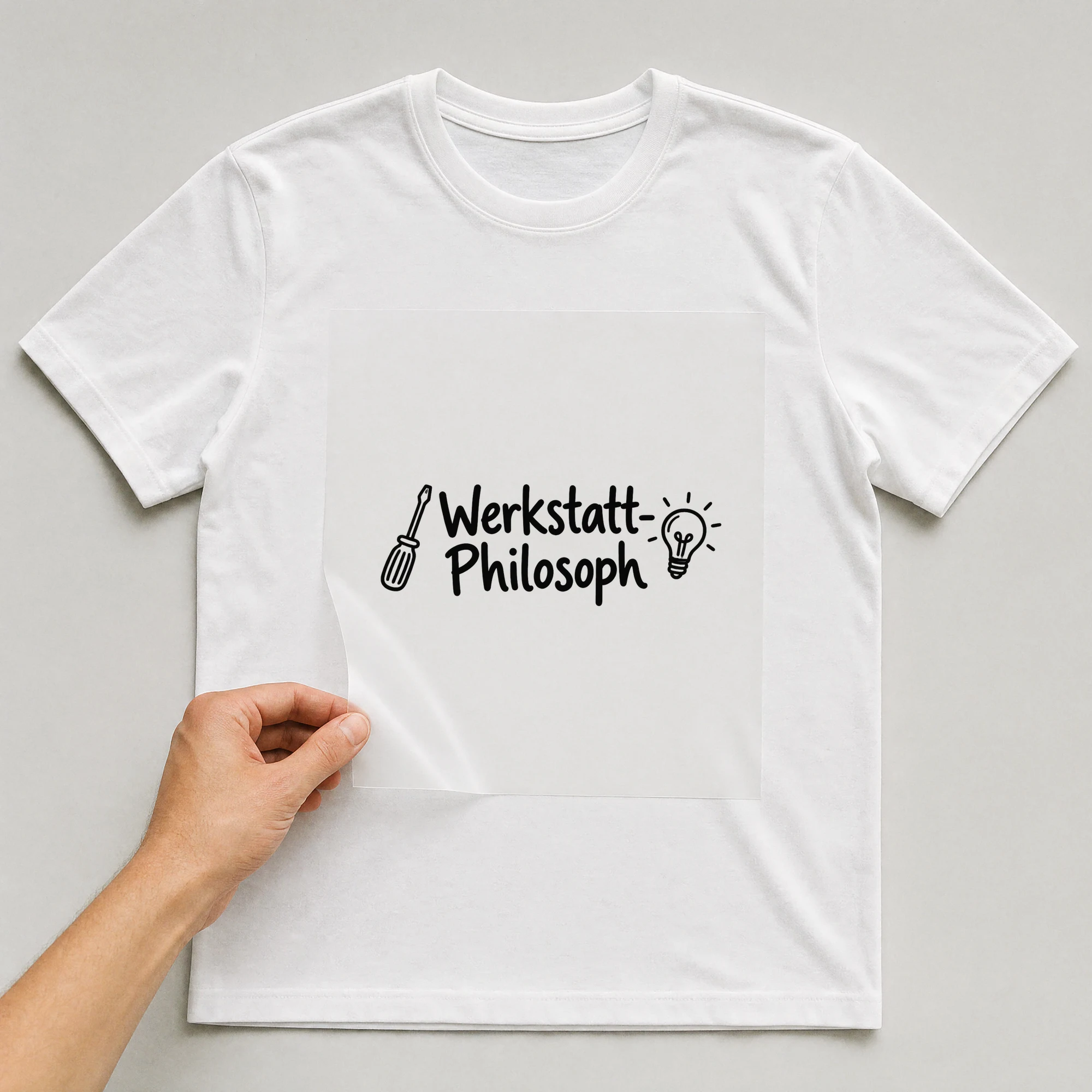 Bügelbild „Werkstatt-Philosoph“ auf weißem T-Shirt, Folie wird aufgelegt