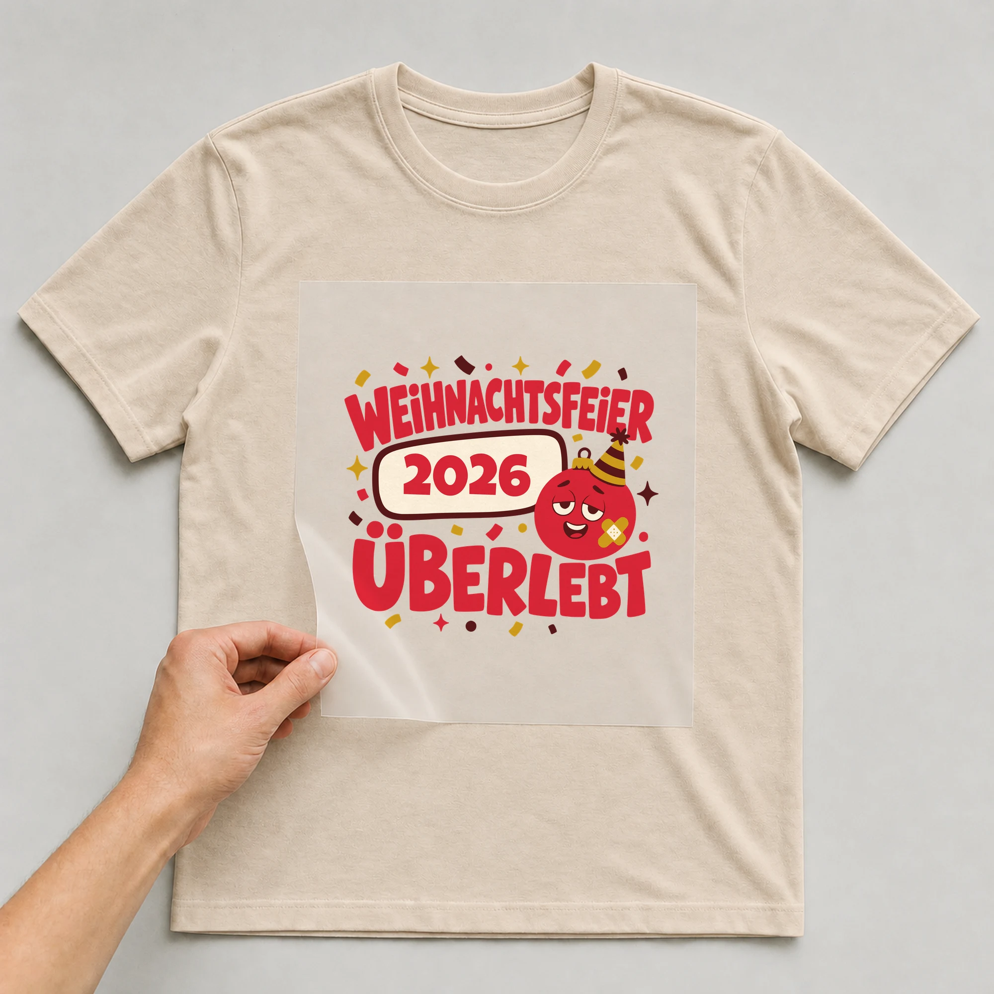 Bügelbild Weihnachtsfeier überlebt mit Jahr auf beigem T-Shirt, Folie wird aufgelegt