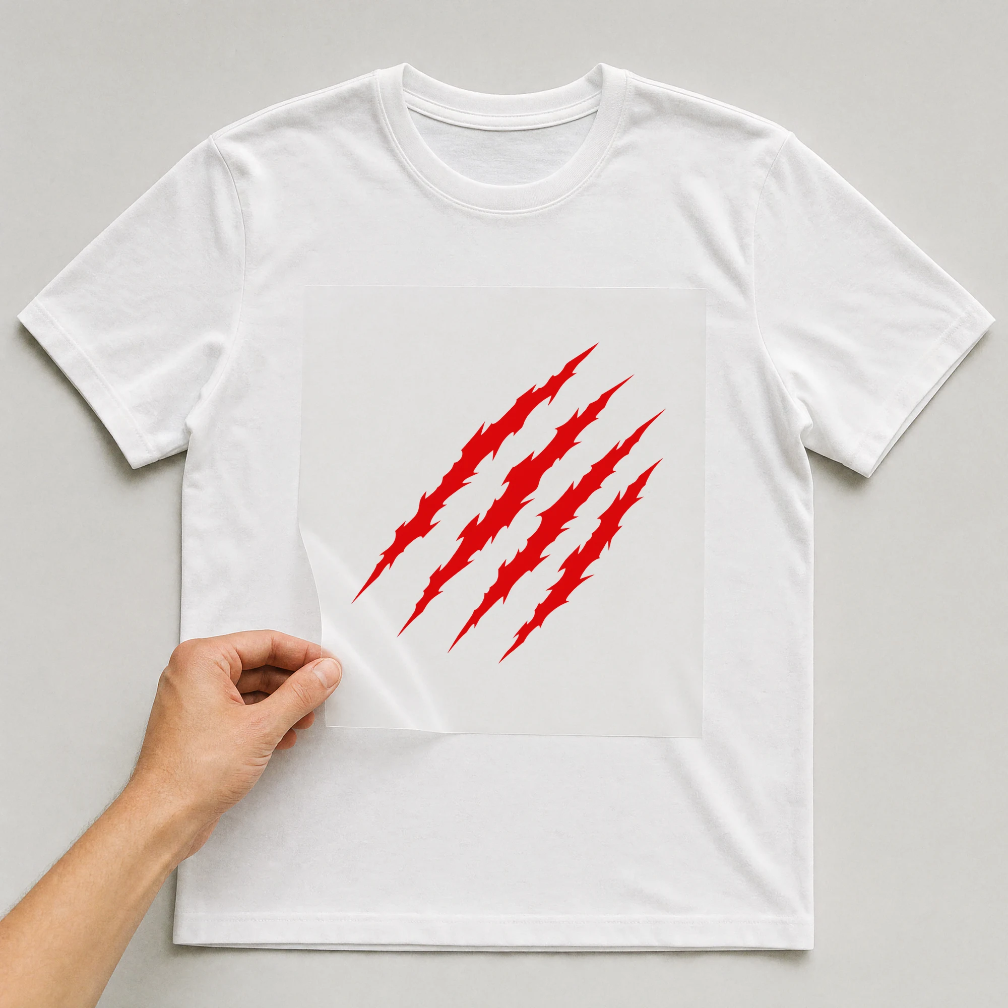 Bügelbild „Kitten Claw Marks“ auf weißem T-Shirt, Folie wird aufgelegt