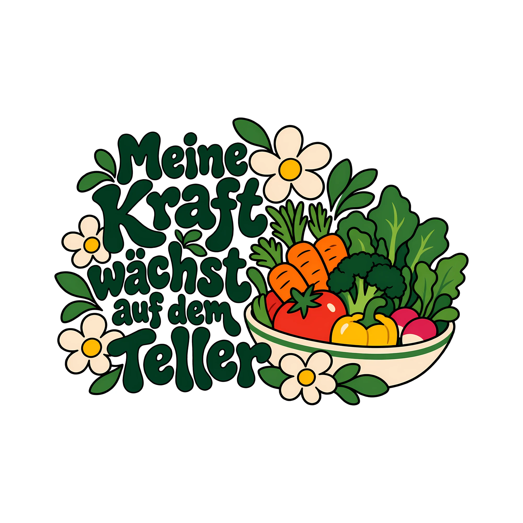 Bügelbild Meine Kraft wächst auf dem Teller als Grafik auf weißem Hintergrund (BB013290)