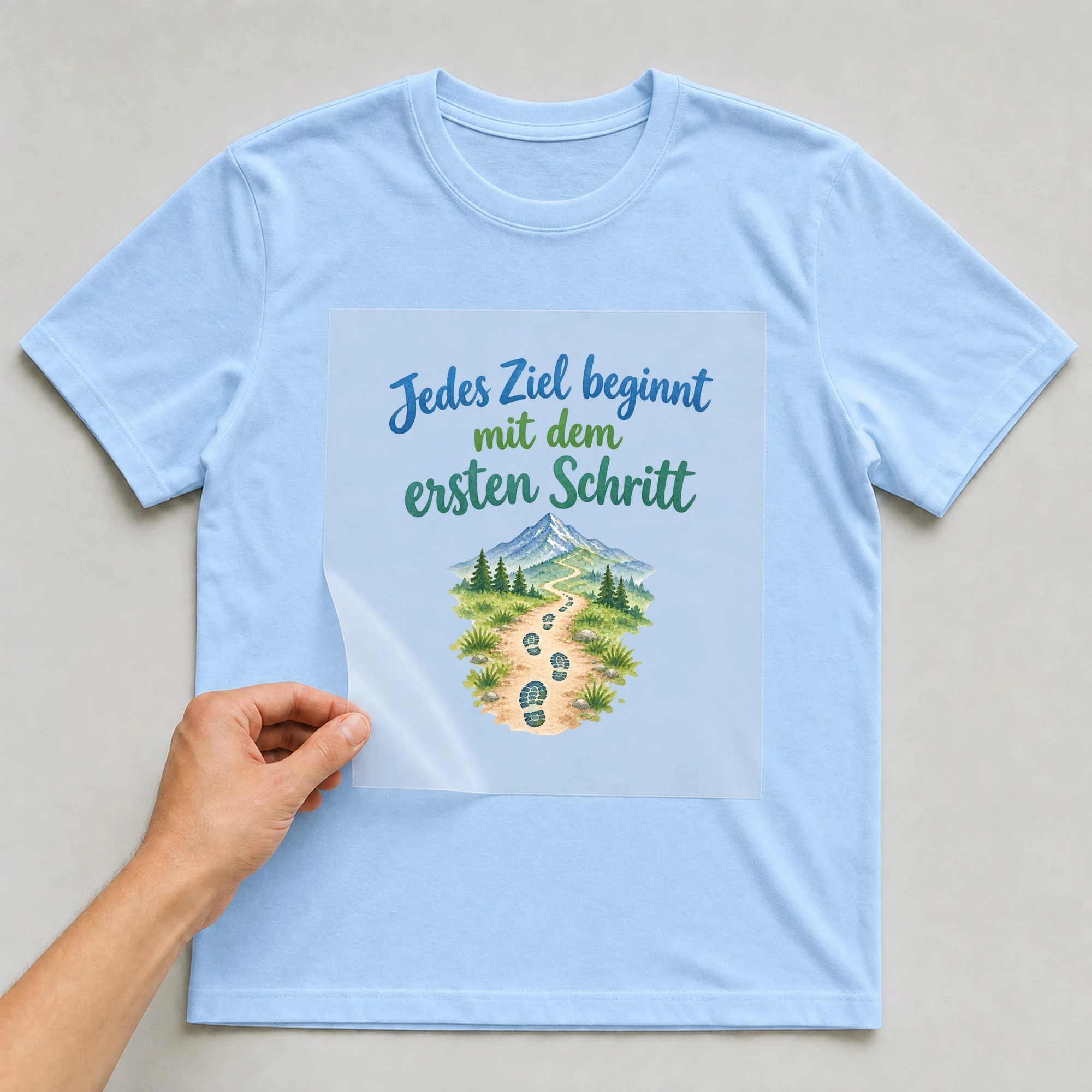 Bügelbild „Jedes Ziel beginnt mit dem ersten Schritt“ auf babyblauem T-Shirt, Folie wird aufgelegt