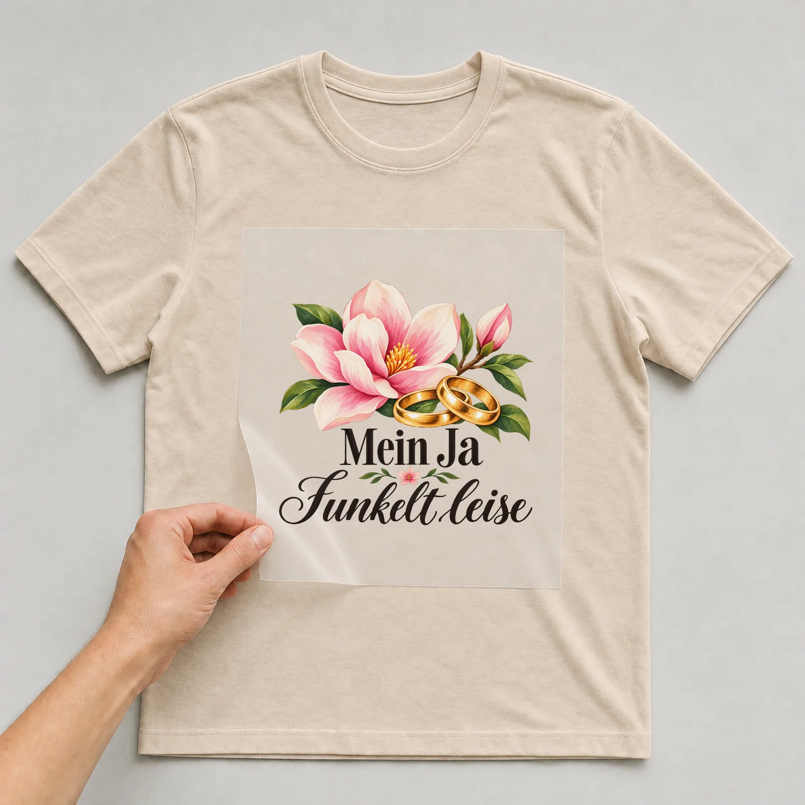 Bügelbild „Mein Ja funkelt leise“ auf beigem T-Shirt, Folie wird aufgelegt