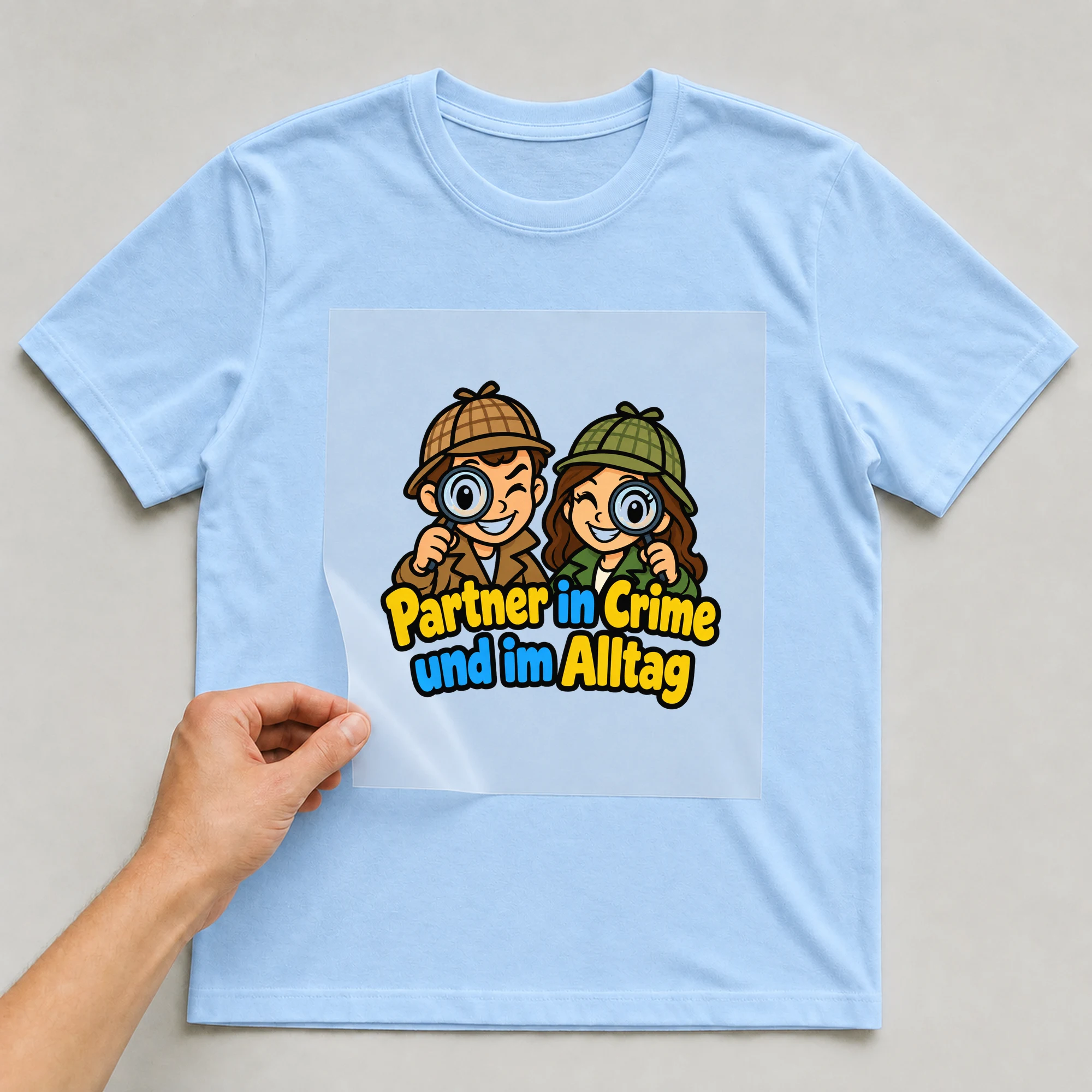 Bügelbild „Partner in Crime und im Alltag“ auf babyblauem T-Shirt, Folie wird aufgelegt