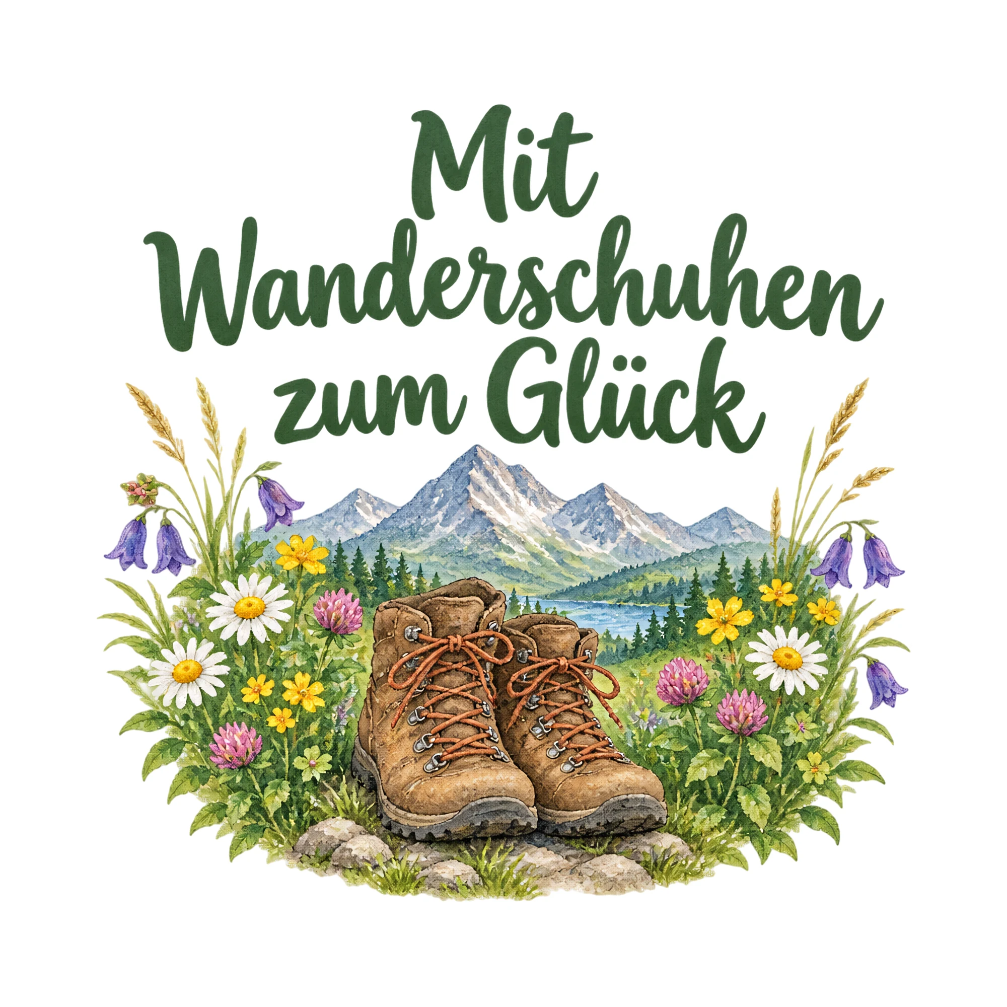 Bügelbild Mit wanderschuhen zum glueck als Grafik auf weißem Hintergrund (BB016465)