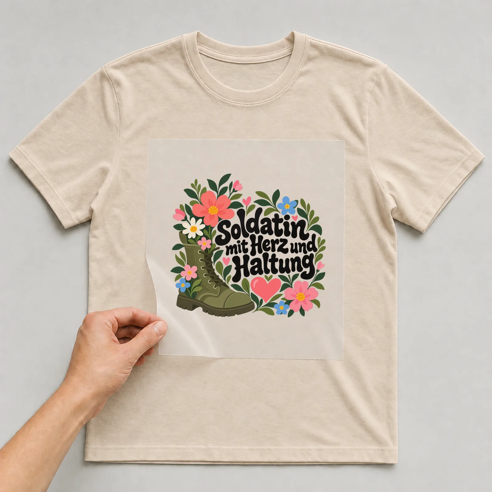 Bügelbild „Soldatin mit Herz und Haltung“ auf beigem T-Shirt, Folie wird aufgelegt