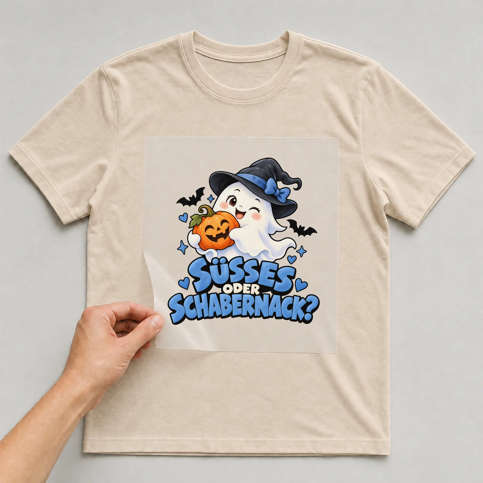 Bügelbild „Süßes oder Schabernack?“ auf beigem T-Shirt, Folie wird aufgelegt