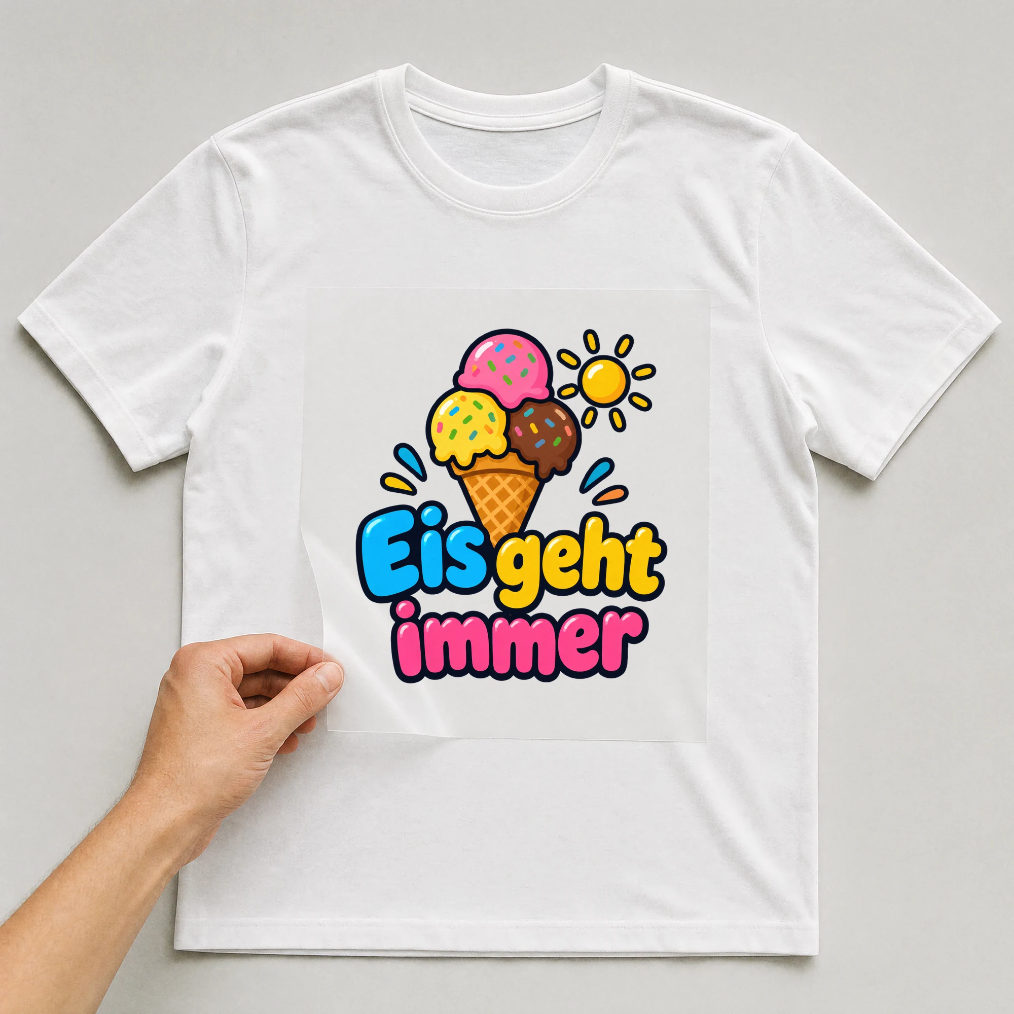 Bügelbild „Eis geht immer“ auf weißem T-Shirt, Folie wird aufgelegt
