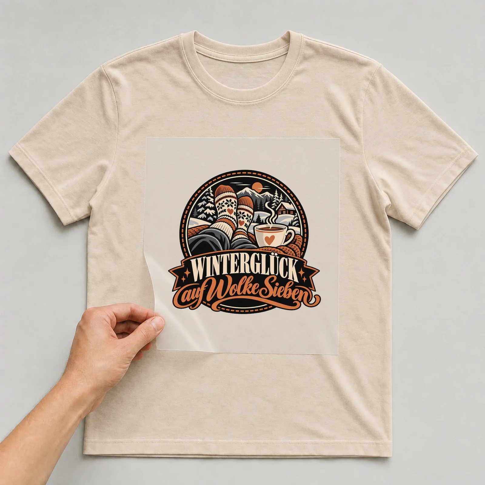 Bügelbild „Winterglück auf Wolke Sieben“ auf beigem T-Shirt, Folie wird aufgelegt