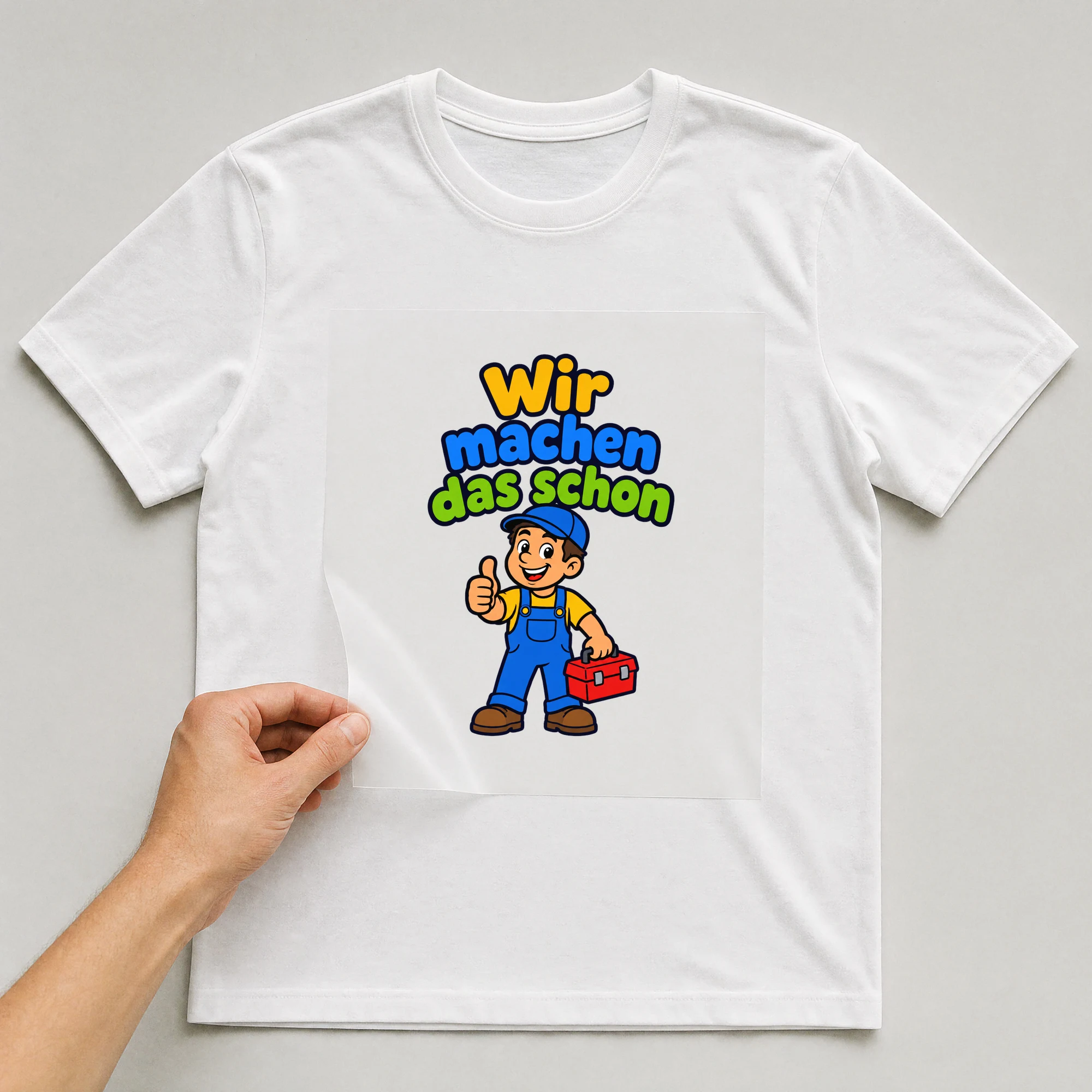 Bügelbild „Wir machen das schon“ auf weißem T-Shirt, Folie wird aufgelegt