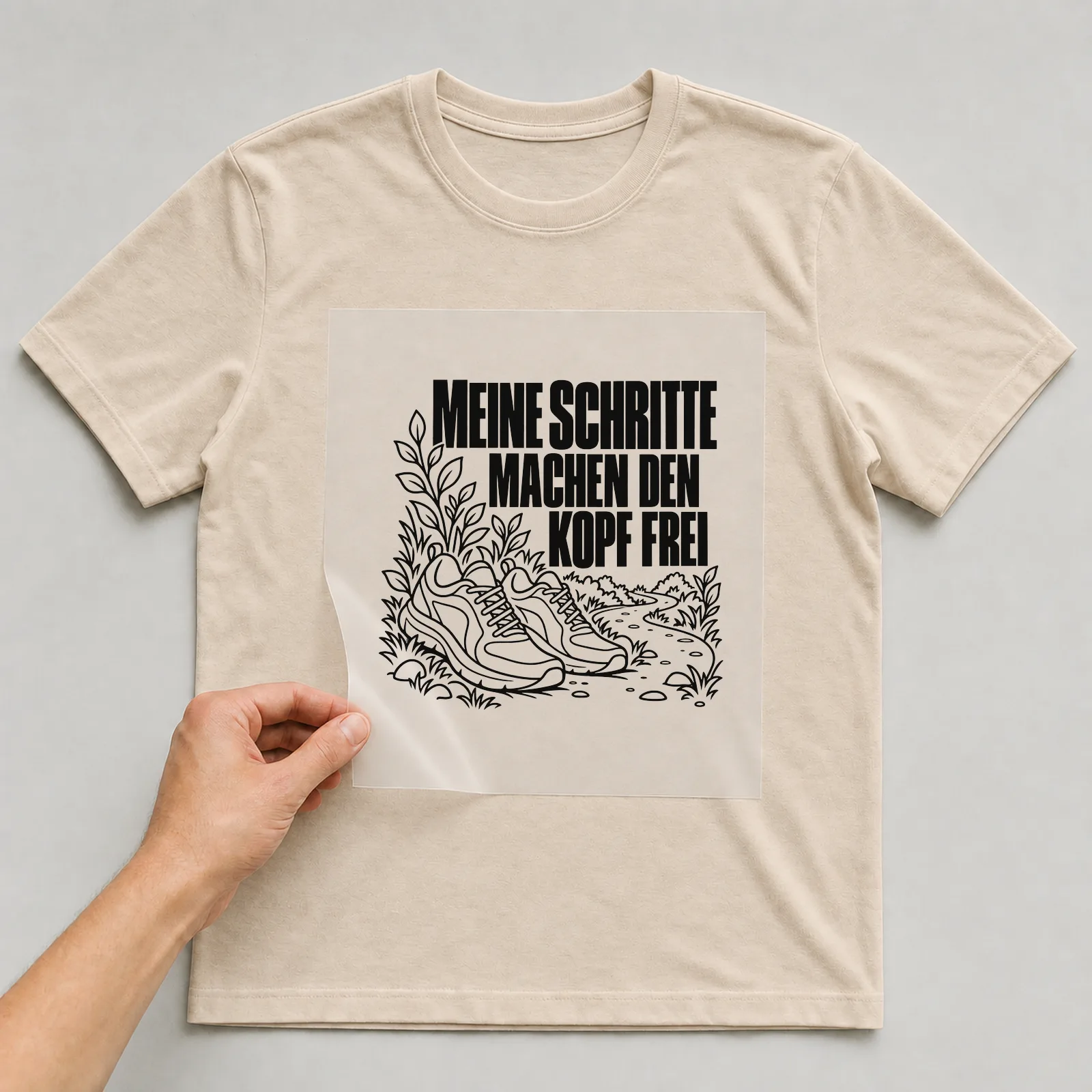 Bügelbild „Meine Schritte machen den Kopf frei“ auf beigem T-Shirt, Folie wird aufgelegt