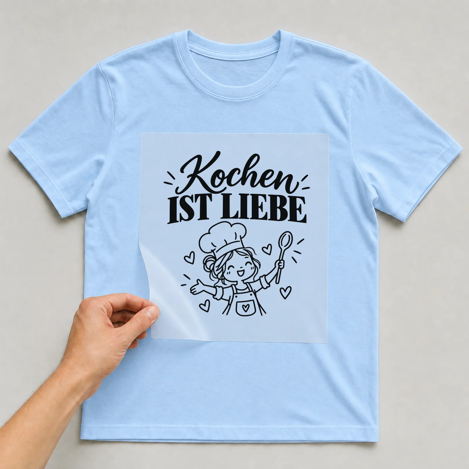 Bügelbild „Kochen ist Liebe“ auf hellblauem T-Shirt, Folie wird aufgelegt