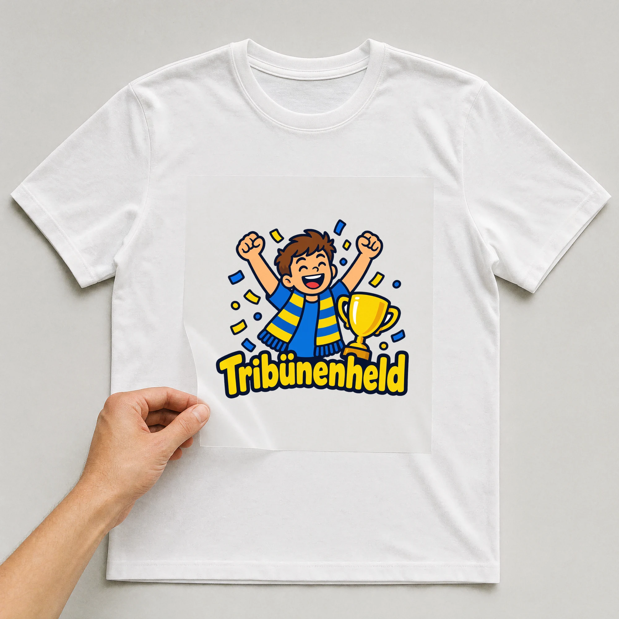 Bügelbild „Tribünenheld“ auf weißem T-Shirt, Folie wird aufgelegt