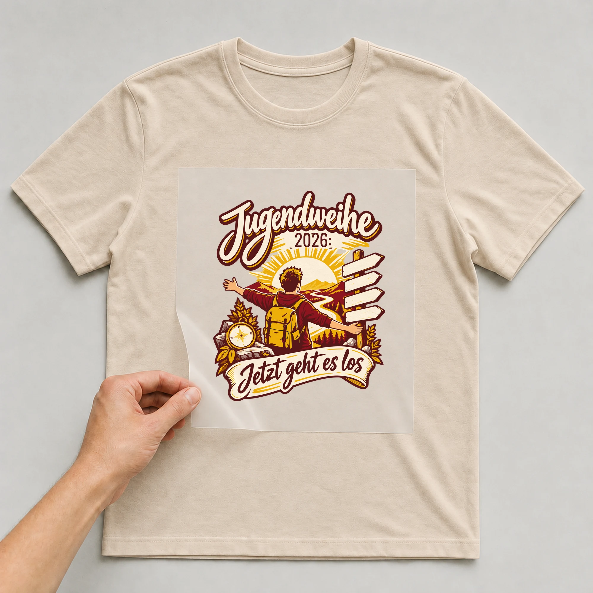 Bügelbild Jugendweihe: Jetzt geht es los mit Jahr auf beigem T-Shirt, Folie wird aufgelegt