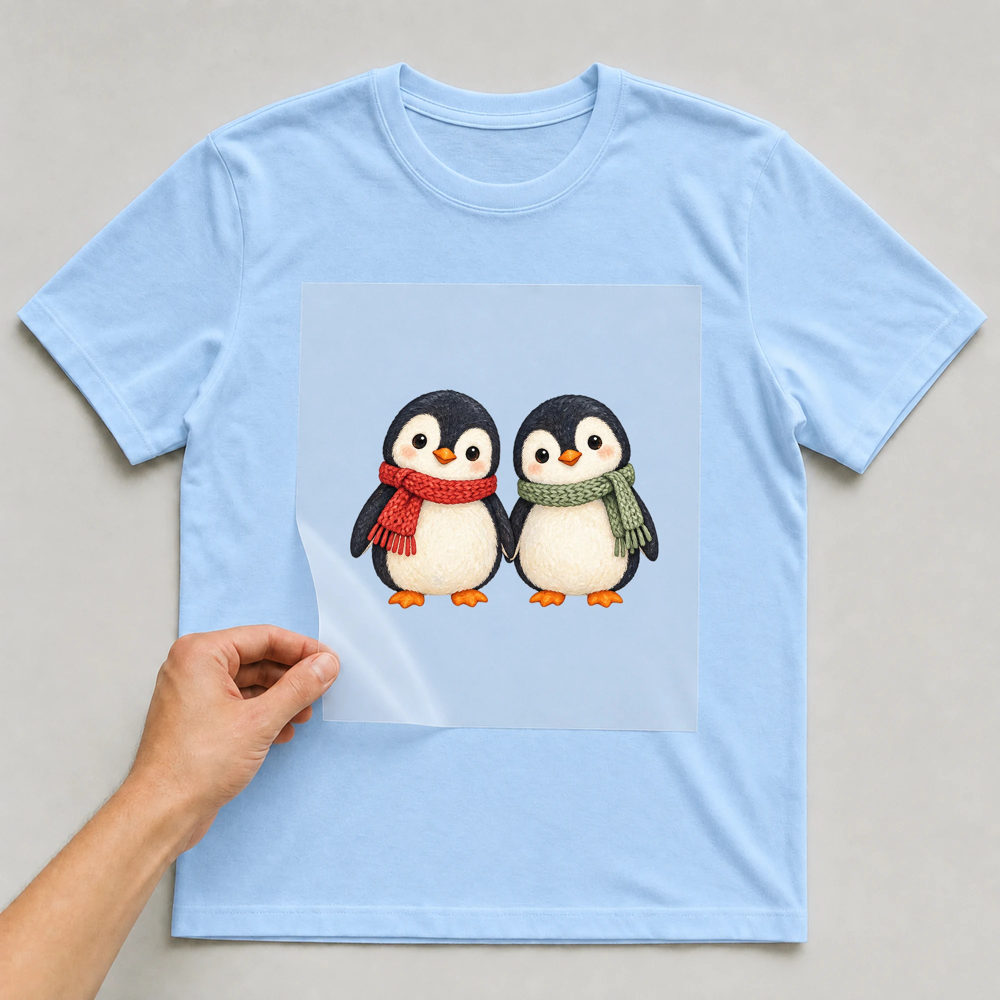 Bügelbild „Zwei Pinguine mit Schals“ auf babyblauem T-Shirt, Folie wird aufgelegt