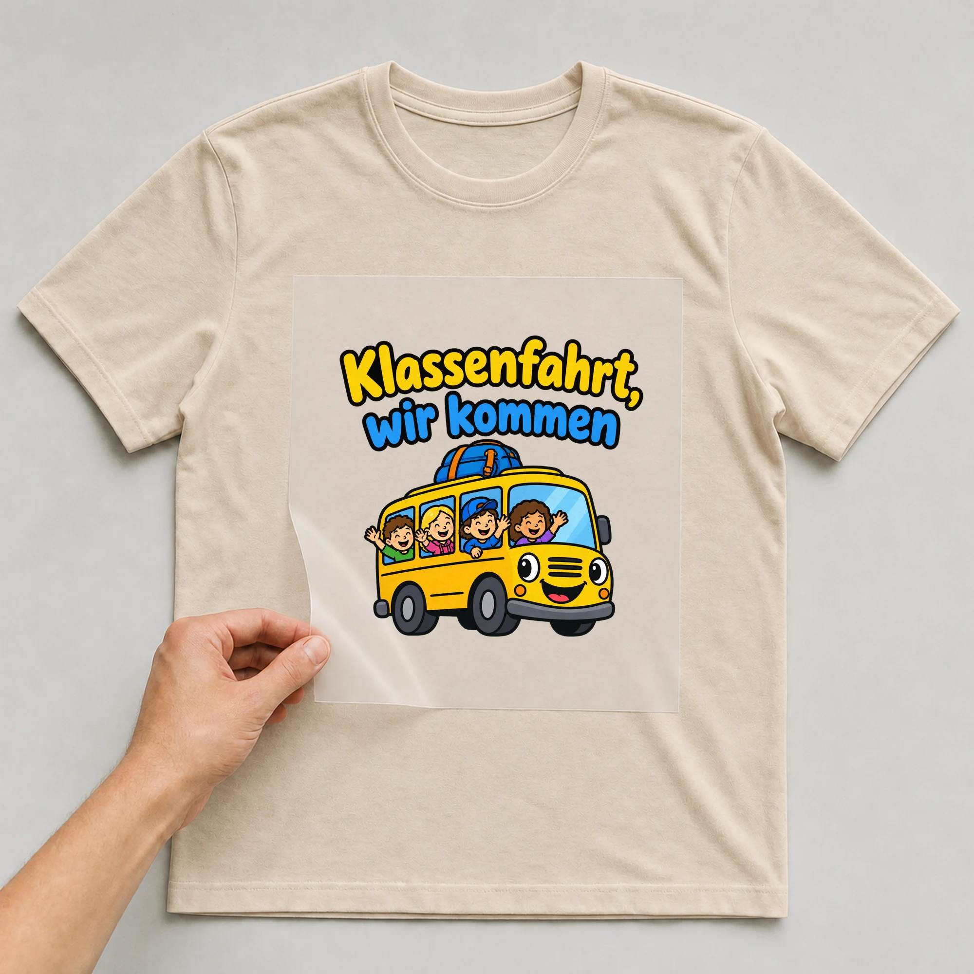 Bügelbild „Klassenfahrt, wir kommen“ auf beigem T-Shirt, Folie wird aufgelegt