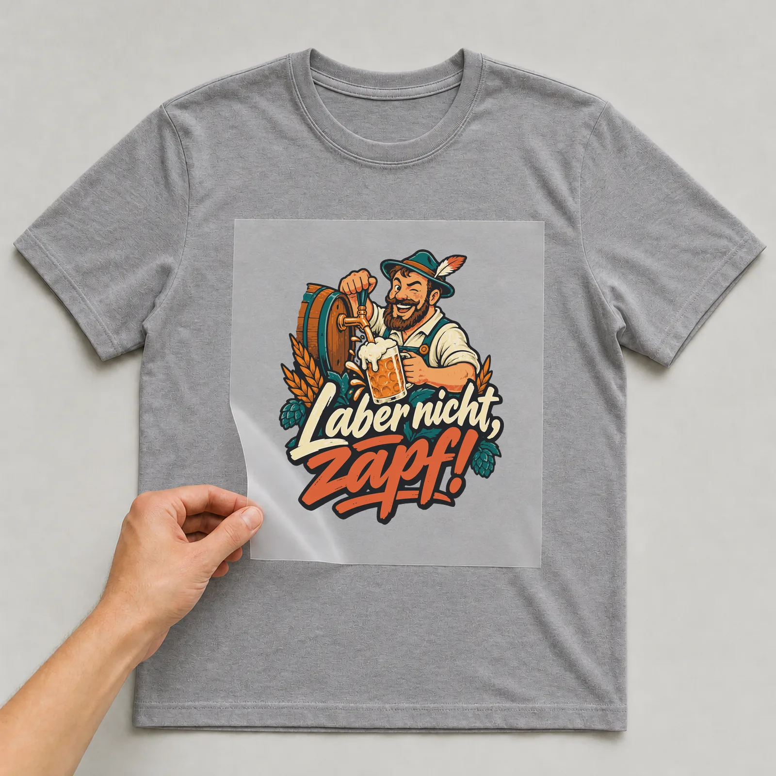 Bügelbild Laber nicht, zapf! auf grauem T-Shirt, Folie wird aufgelegt