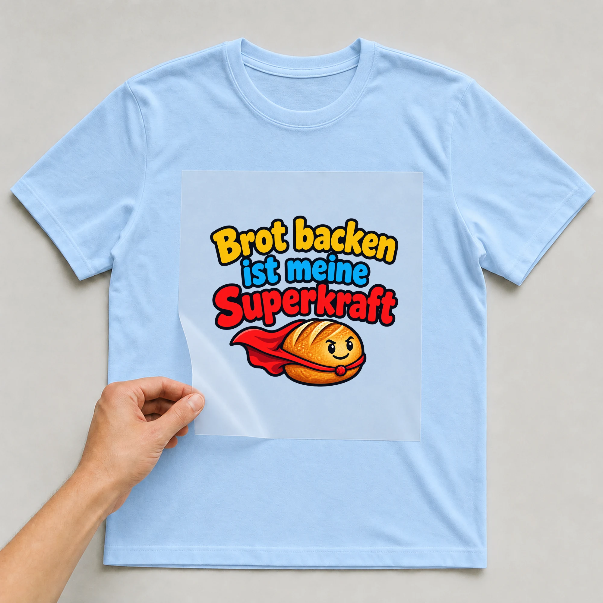 Bügelbild „Brot backen ist meine Superkraft“ auf babyblauem T-Shirt, Folie wird aufgelegt