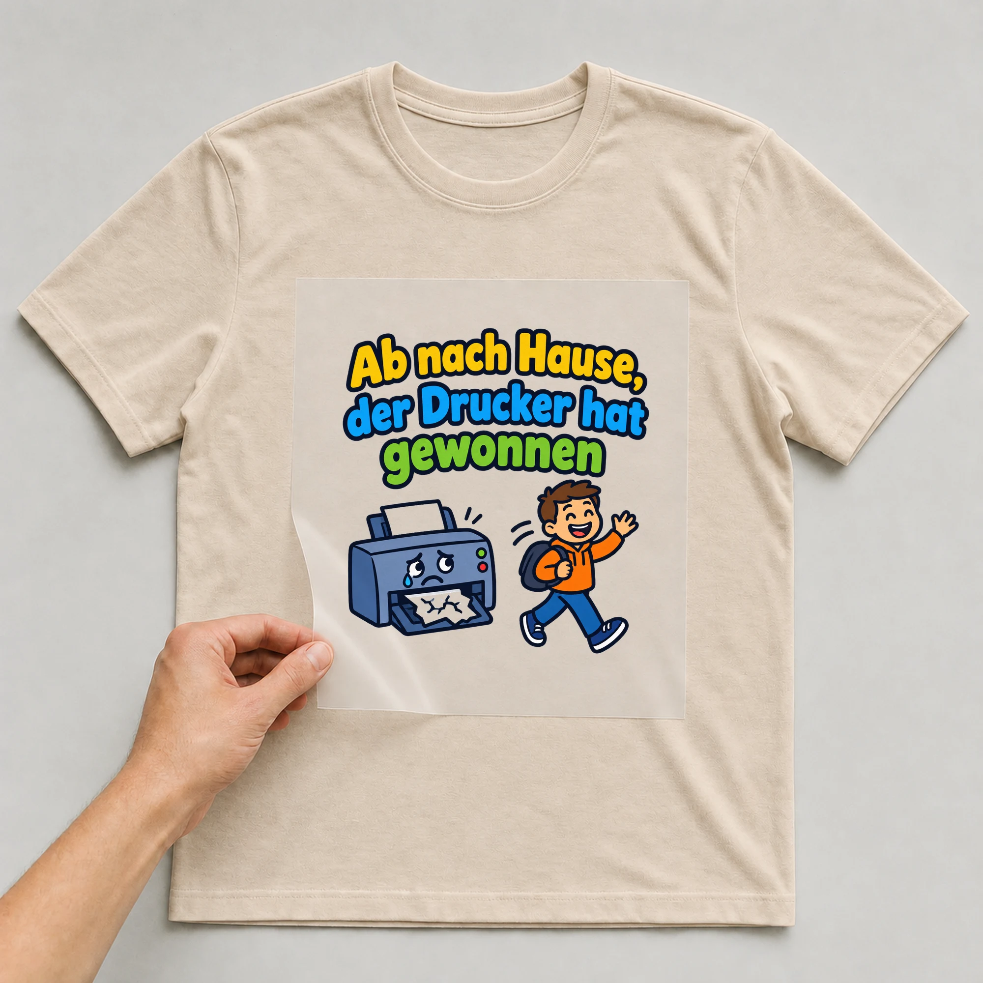 Bügelbild „Ab nach Hause, der Drucker hat gewonnen“ auf beigem T-Shirt, Folie wird aufgelegt