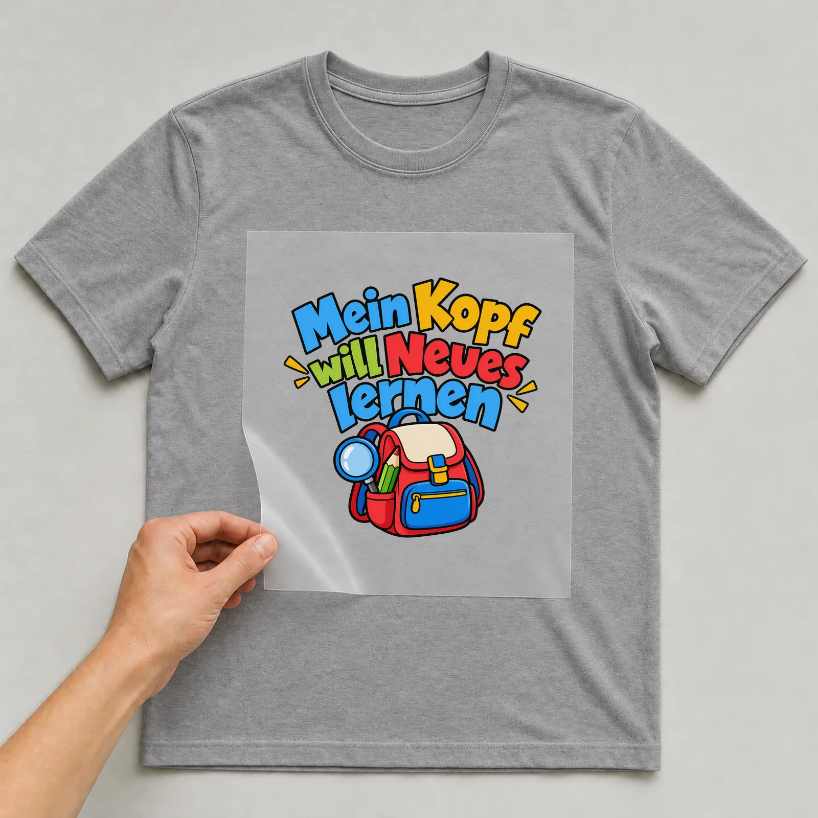 Bügelbild „Mein Kopf will Neues lernen“ auf grauem T-Shirt, Folie wird aufgelegt