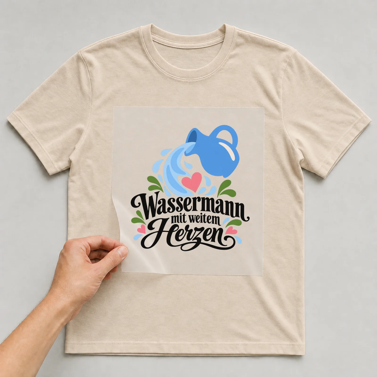Bügelbild „Wassermann mit weitem Herzen“ auf beigem T-Shirt, Folie wird aufgelegt