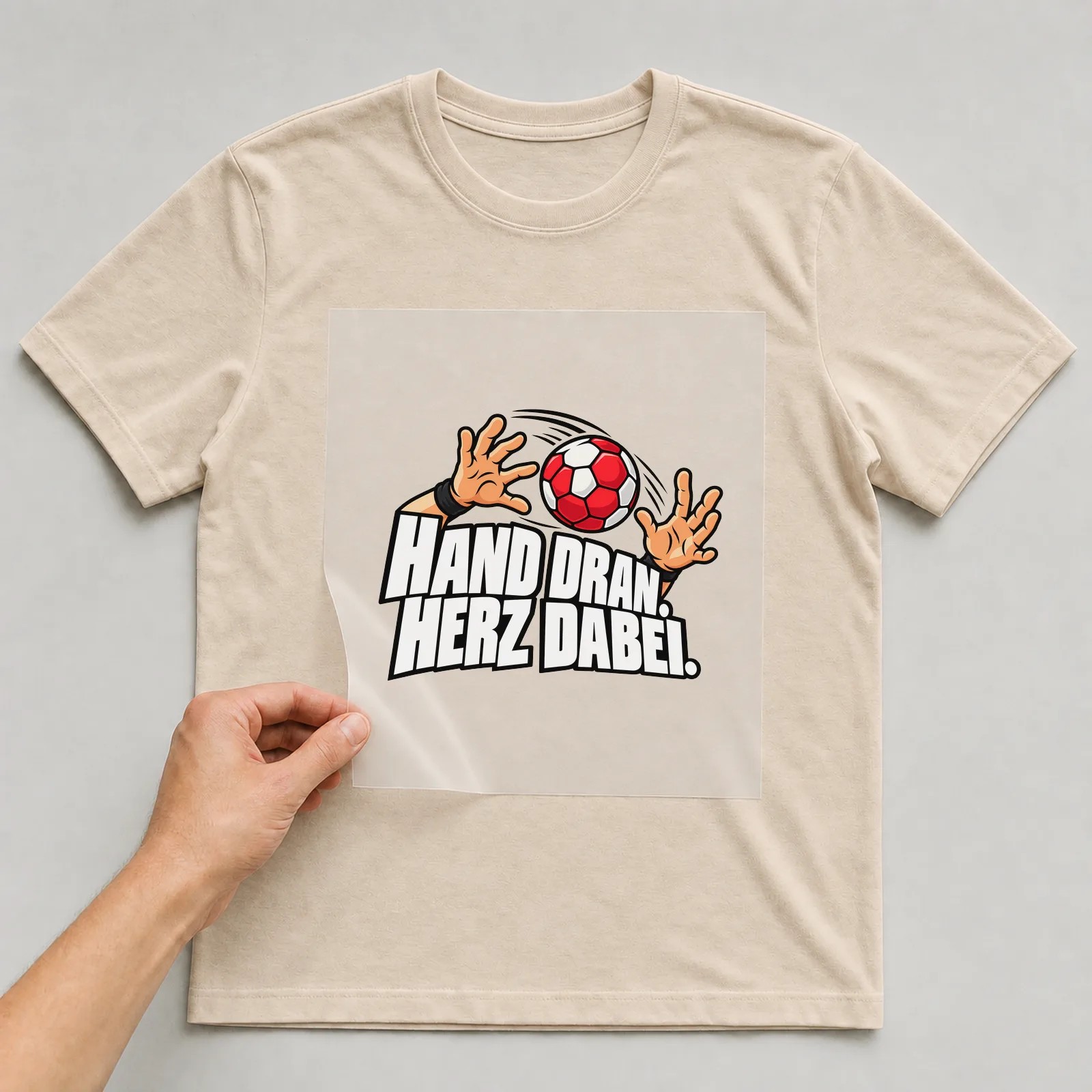 Bügelbild „Hand dran. Herz dabei.“ auf beigem T-Shirt, Folie wird aufgelegt
