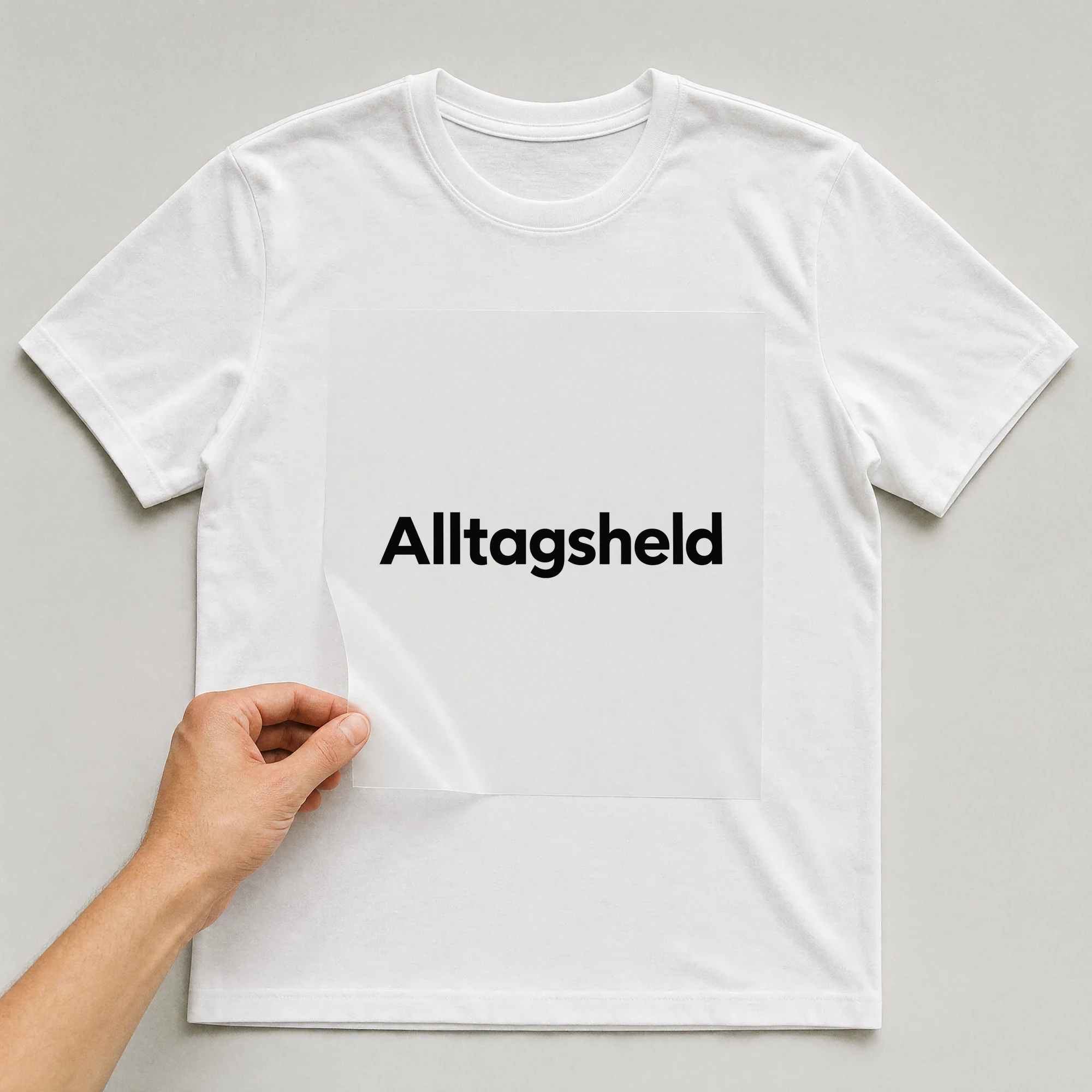 Bügelbild „Alltagsheld“ auf weißem T-Shirt, Folie wird aufgelegt