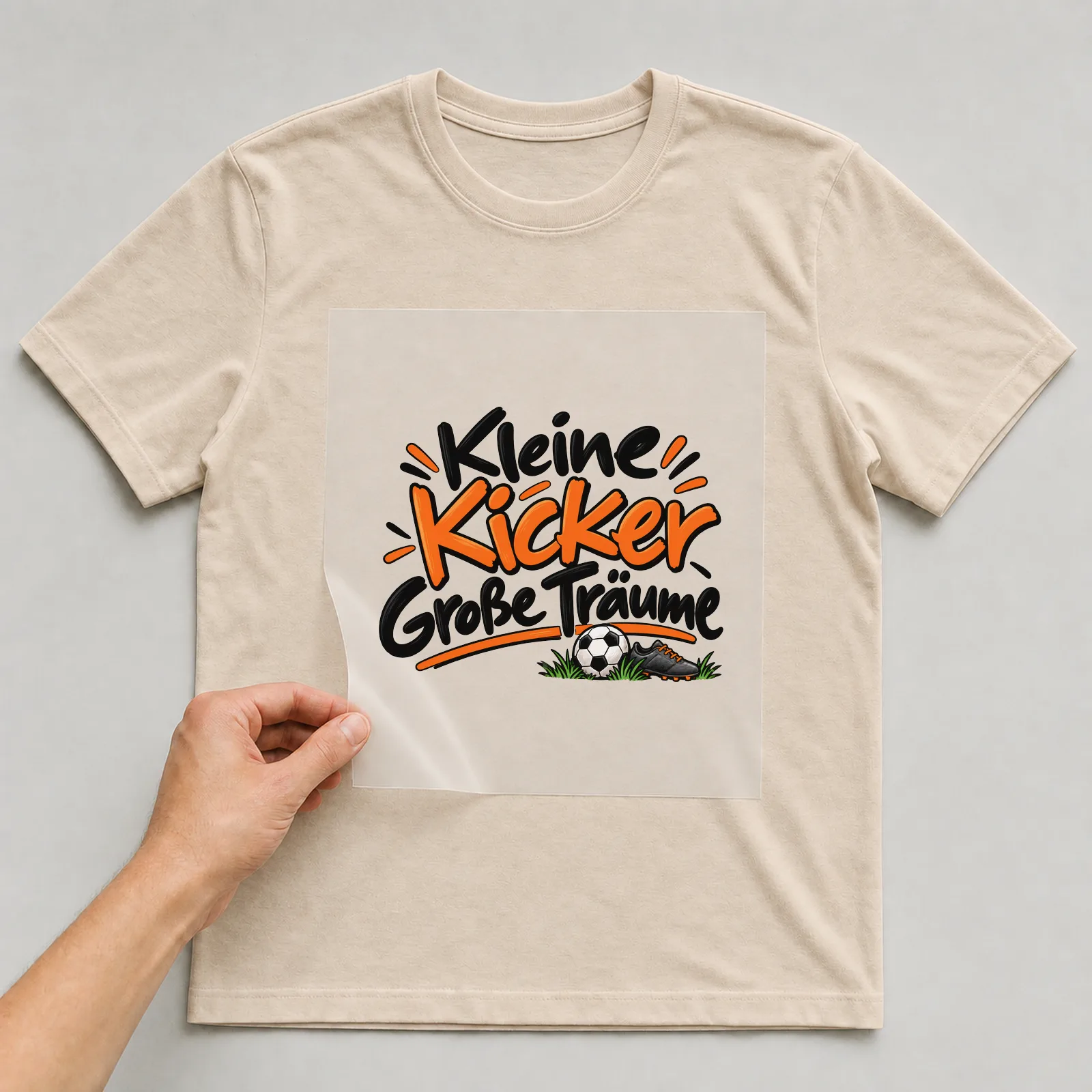 Bügelbild „Kleine Kicker Große Träume“ (frecher Handschrift) auf beigem T-Shirt, Folie wird aufgelegt