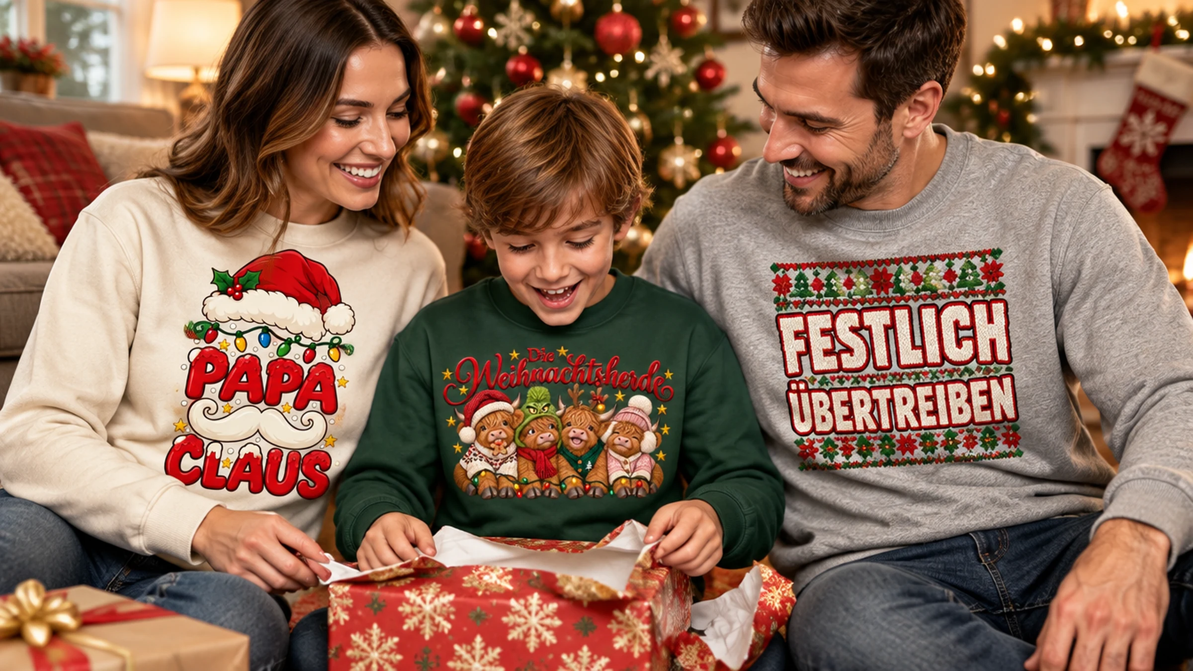 Weihnachten: Familie packt Geschenke aus, die Sweatshirts zeigen die Bügelbild-Motive Papa Claus, Die Weihnachtsherde und Festlich übertreiben