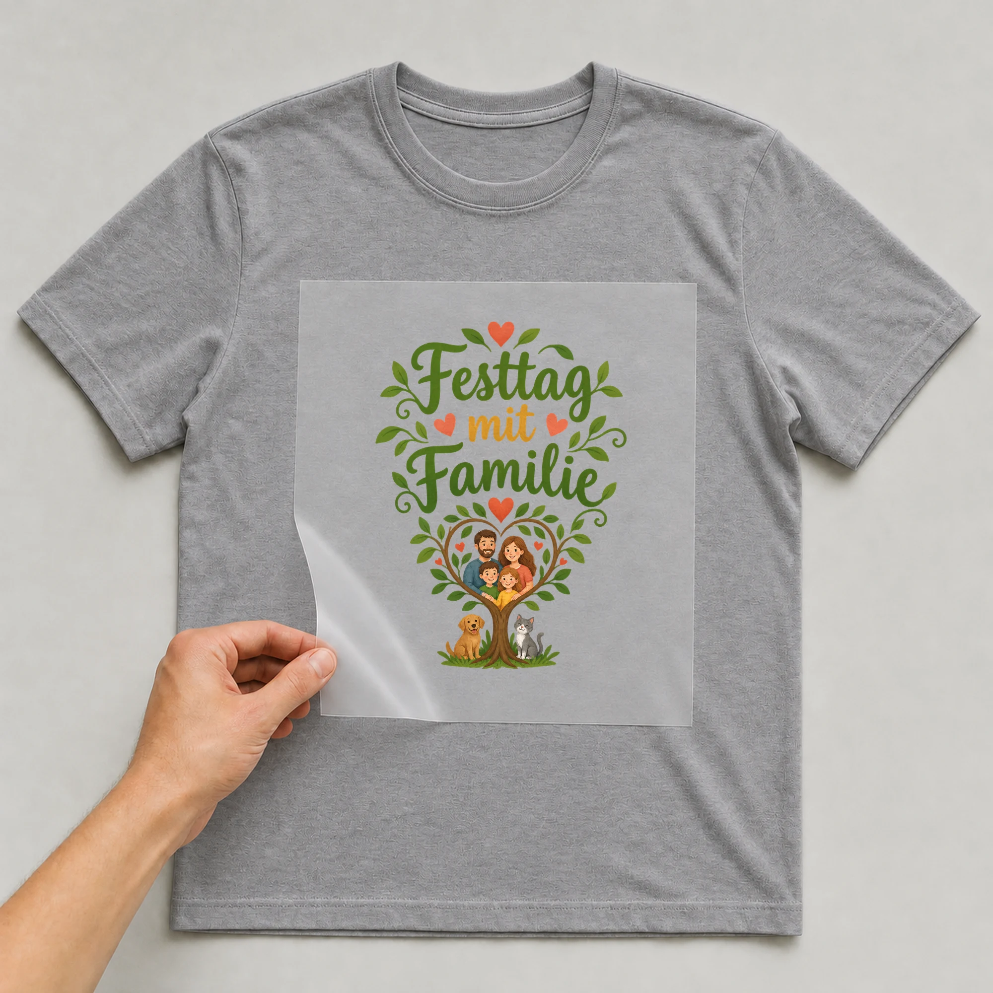 Bügelbild „Festtag mit Familie“ auf grauem T-Shirt, Folie wird aufgelegt