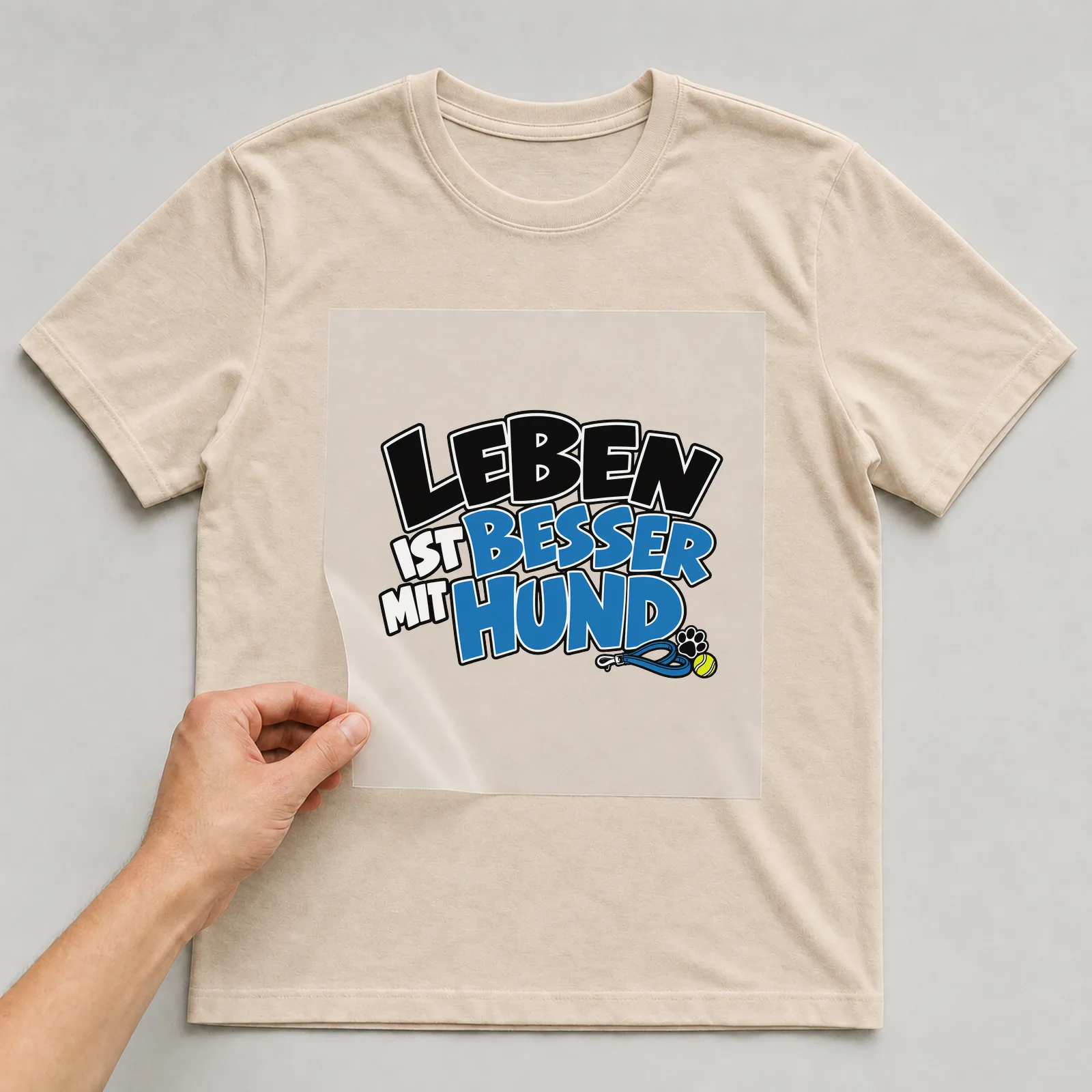 Bügelbild „Leben ist besser mit Hund“ auf beigem T-Shirt, Folie wird aufgelegt