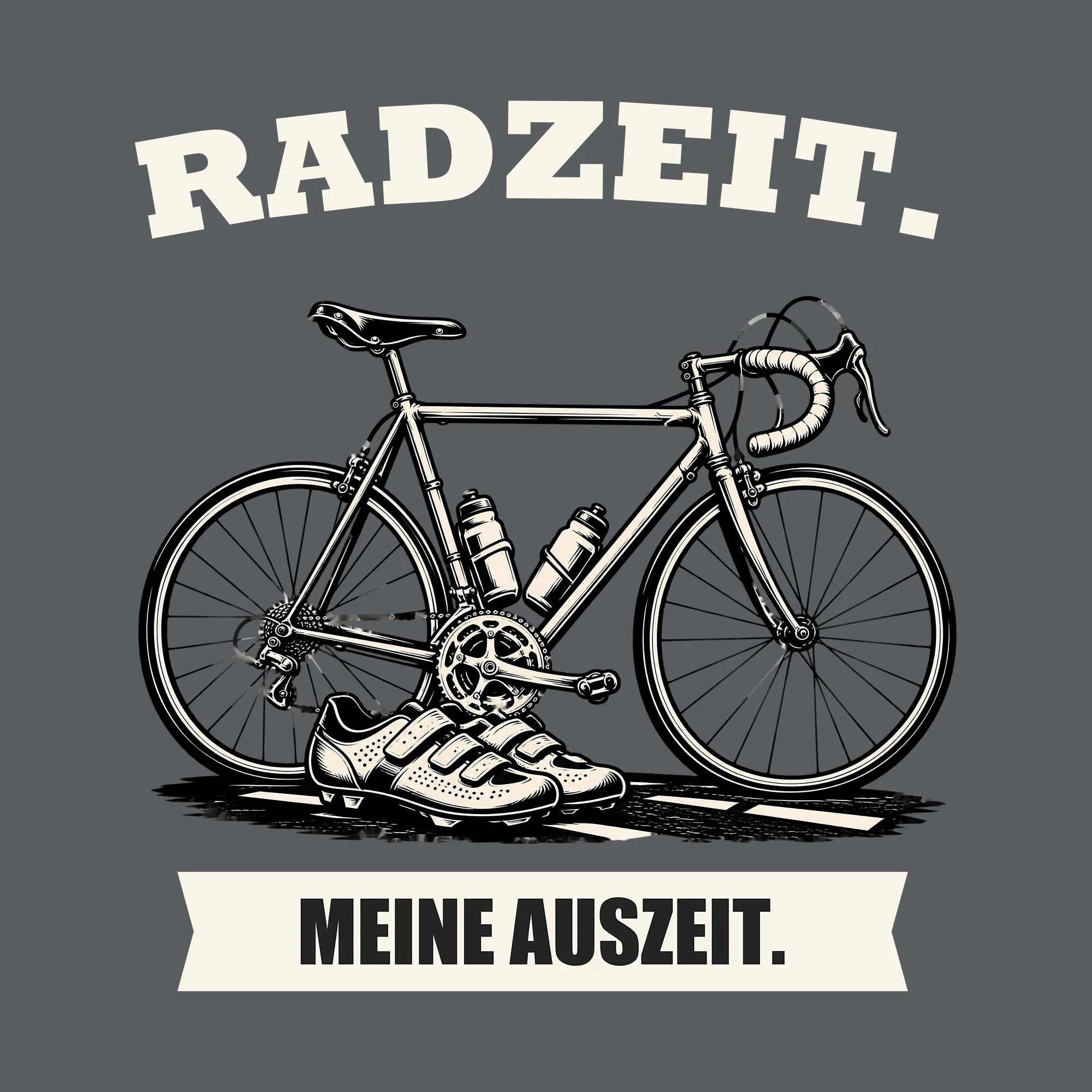 Bügelbild RADZEIT. MEINE AUSZEIT. als Grafik auf dunklem Hintergrund (BB013707)