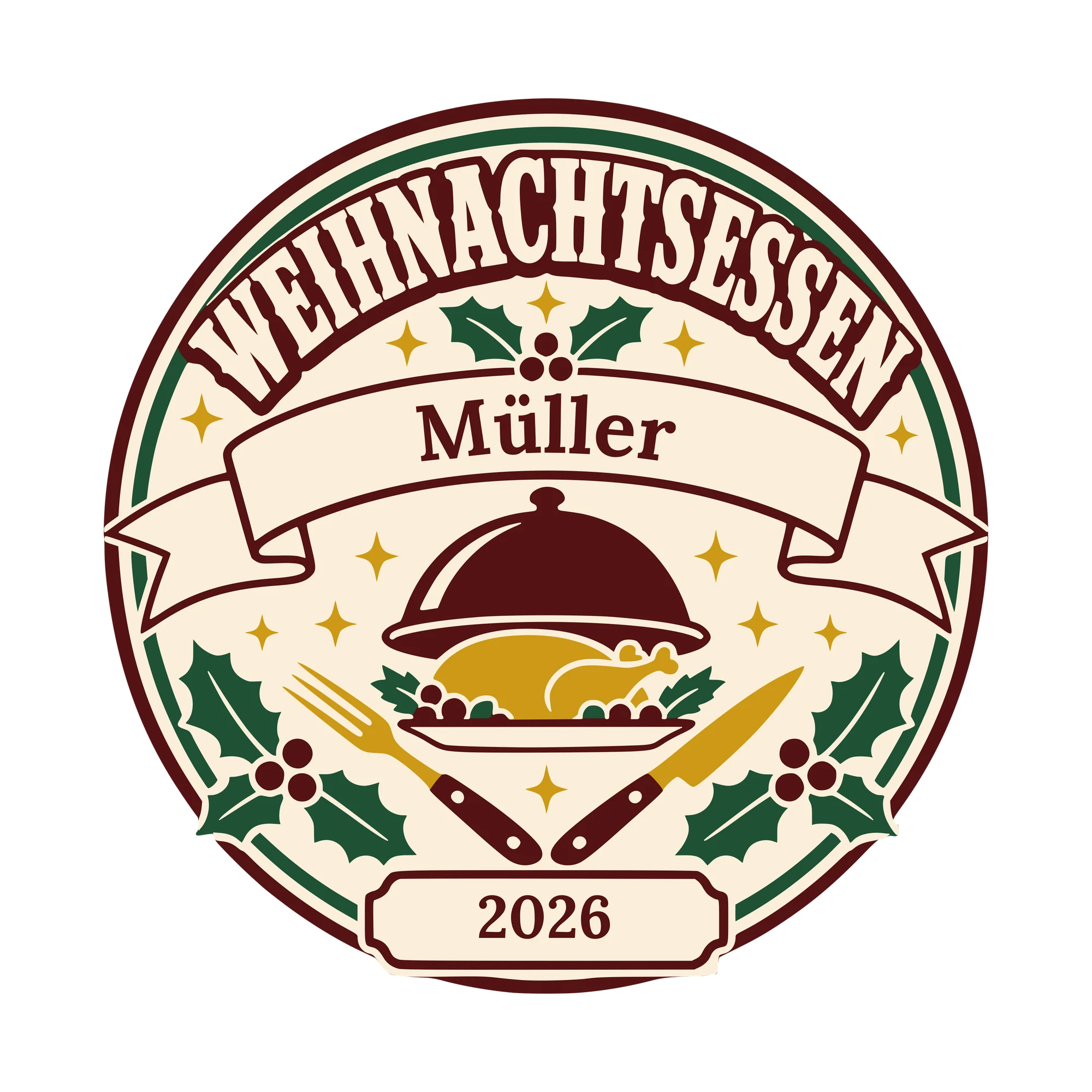 Bügelbild Weihnachtsessen mit Nachname und Jahr als Grafik auf weißem Hintergrund (BB010481)