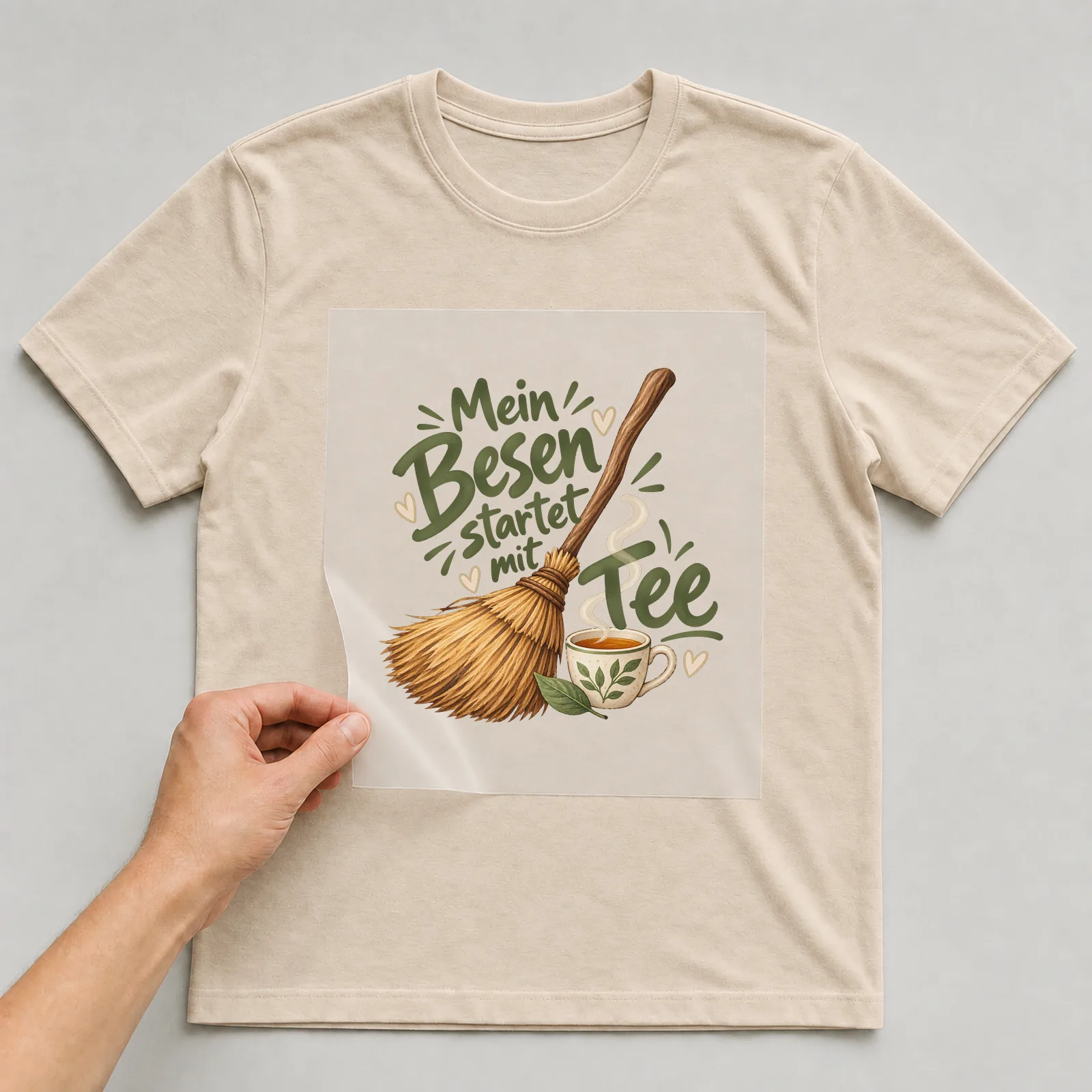 Bügelbild „Mein Besen startet mit Tee“ auf beigem T-Shirt, Folie wird aufgelegt