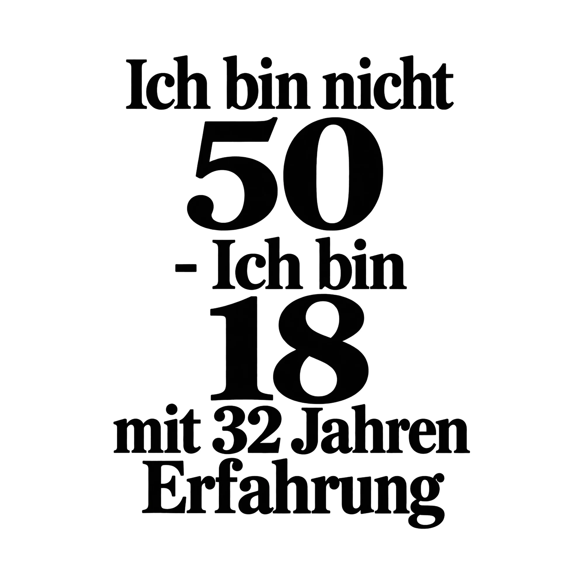 Bügelbild Ich bin nicht 50 - Ich bin 18 mit 32 Jahren Erfahrung als Grafik auf weißem Hintergrund (BB015212)