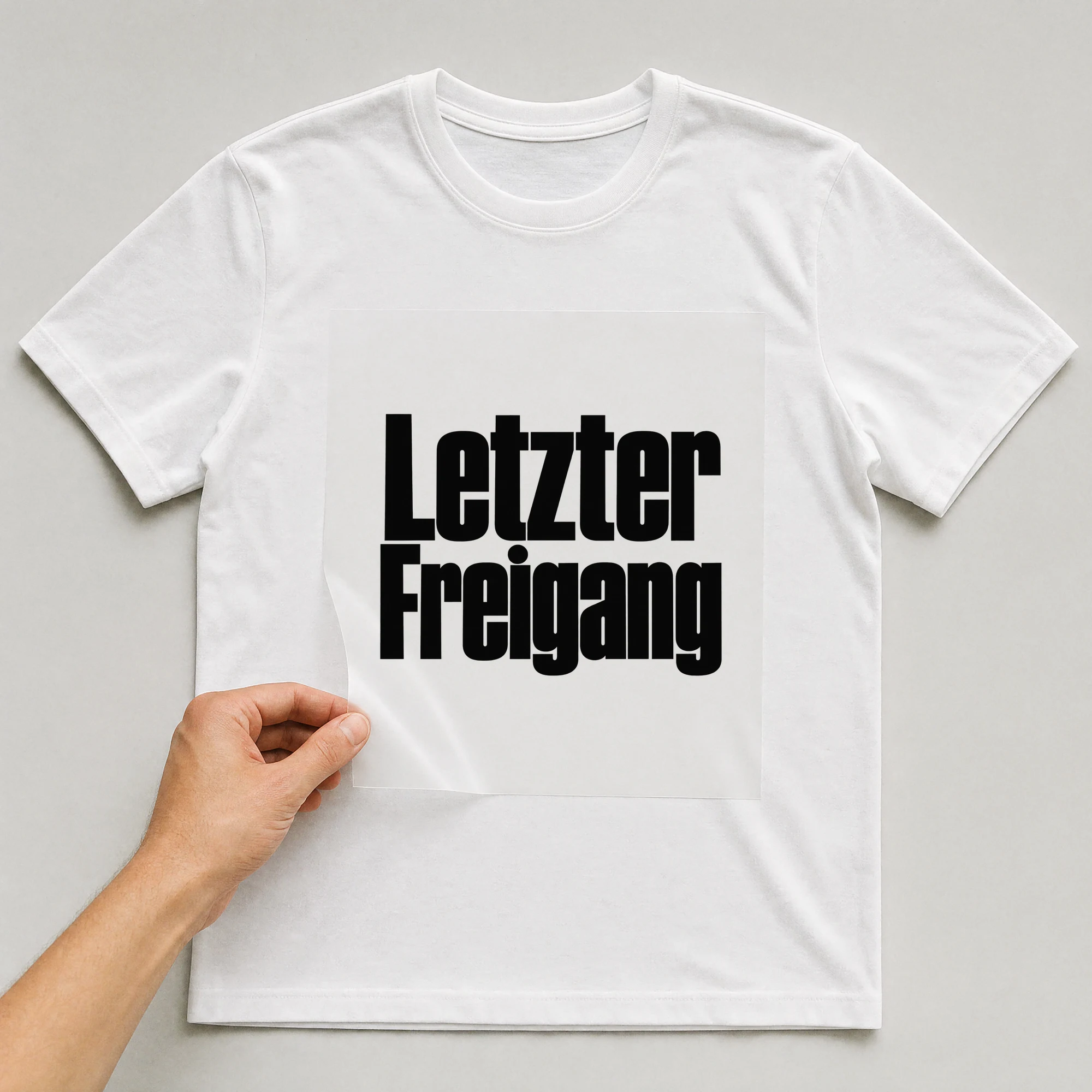 Bügelbild „Letzter Freigang“ auf weißem T-Shirt, Folie wird aufgelegt