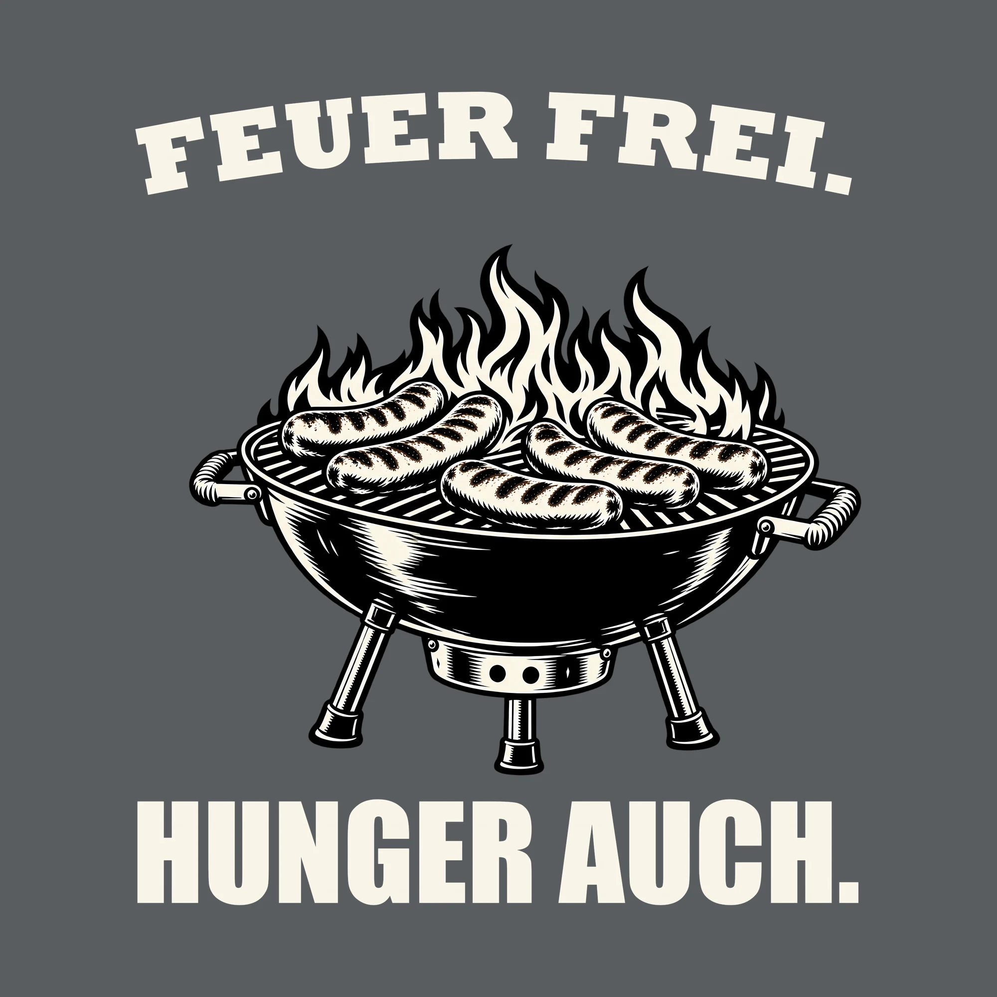 Bügelbild FEUER FREI. HUNGER AUCH. als Grafik auf dunklem Hintergrund (BB012051)