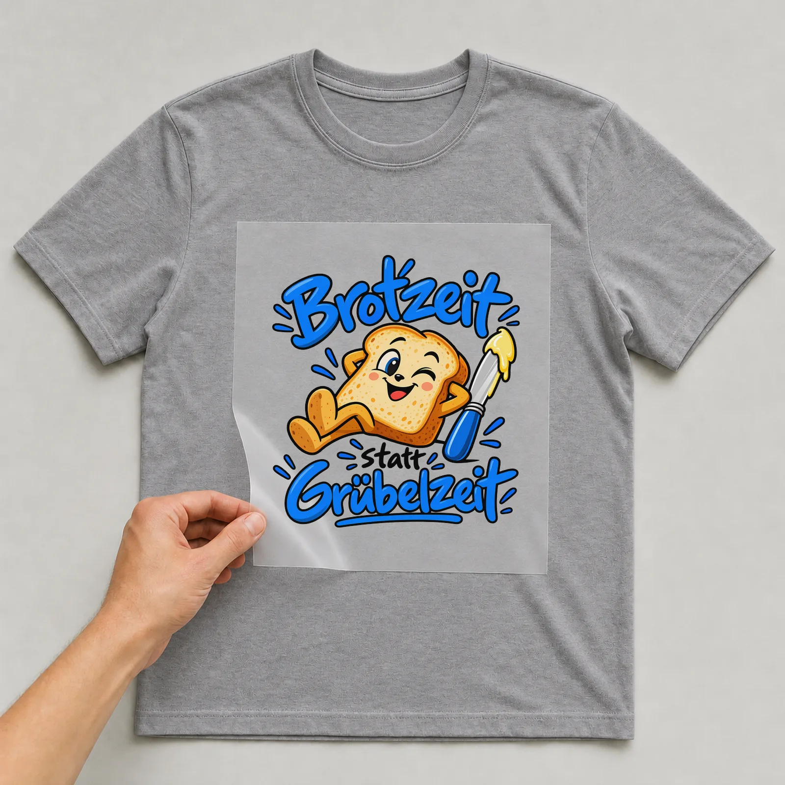 Bügelbild „Brotzeit statt Grübelzeit“ auf grauem T-Shirt, Folie wird aufgelegt