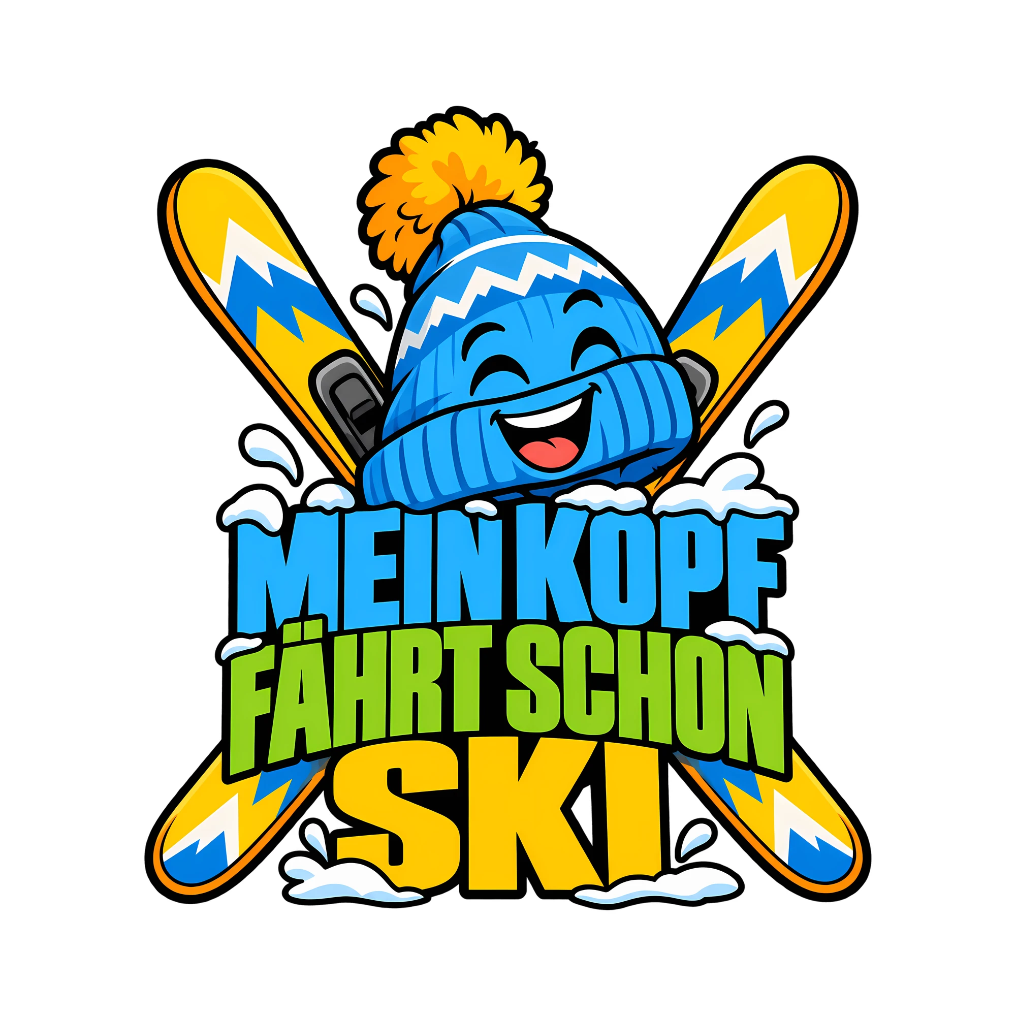 Bügelbild MEIN KOPF FÄHRT SCHON SKI als Grafik auf weißem Hintergrund (BB013758)