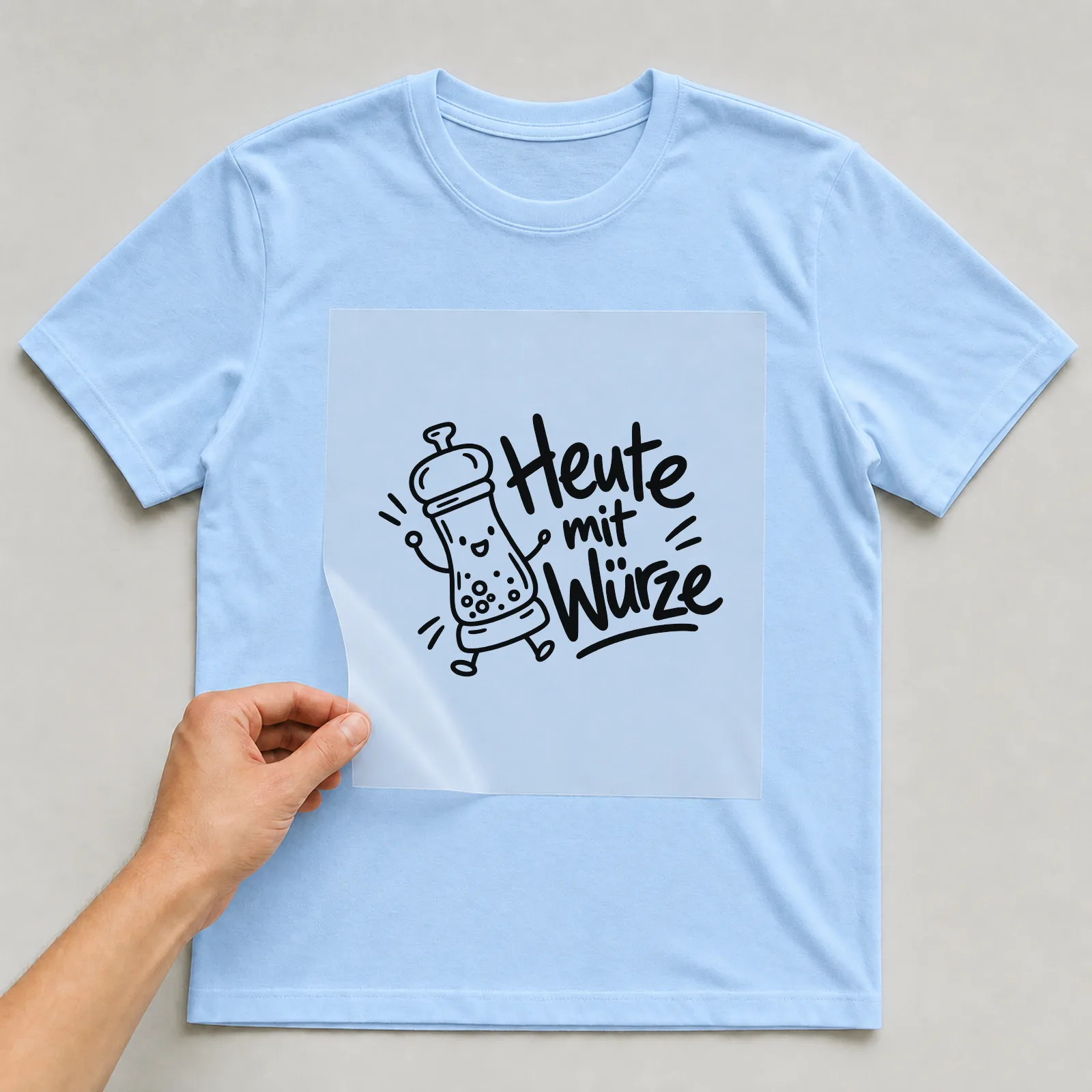Bügelbild „Heute mit Würze“ auf hellblauem T-Shirt, Folie wird aufgelegt