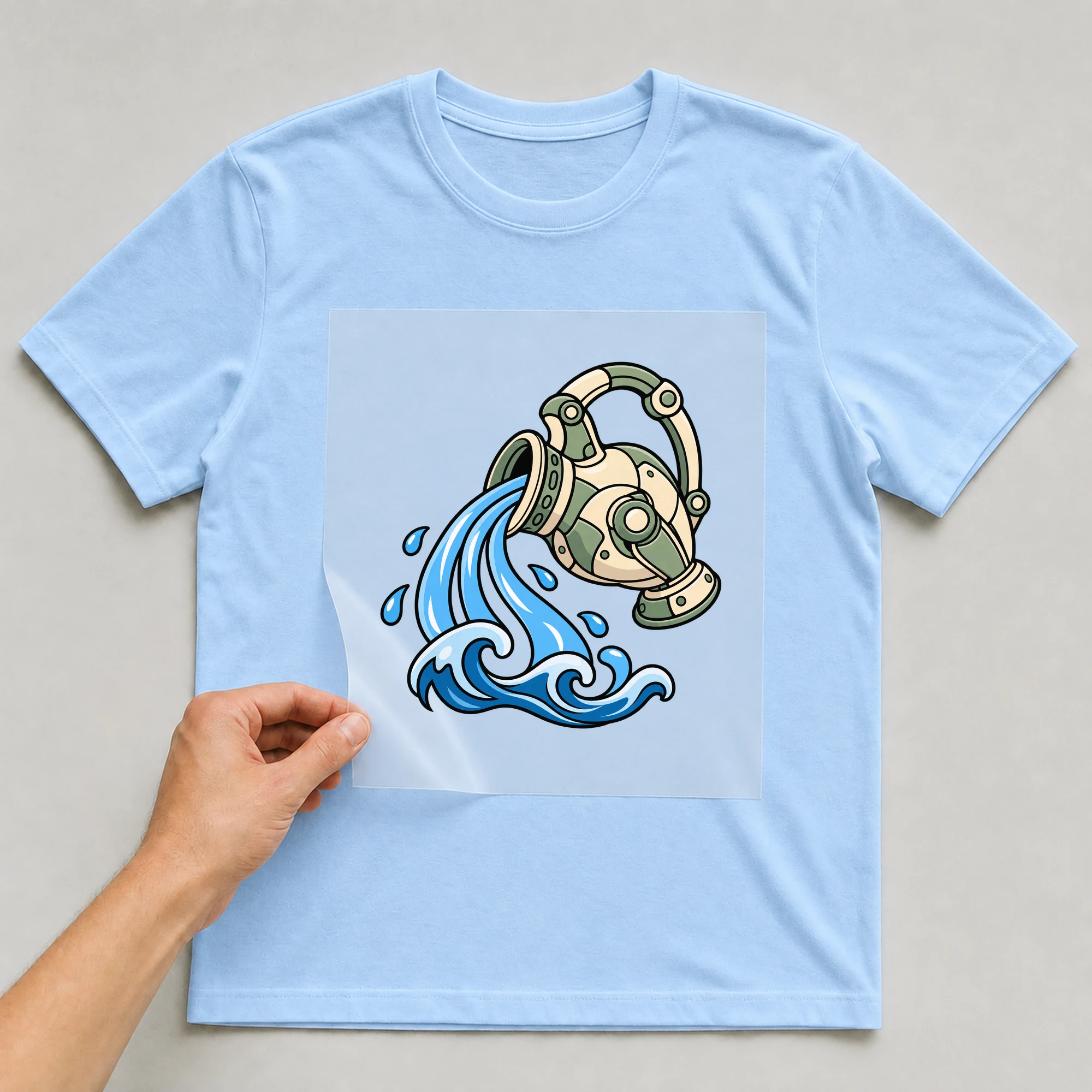 Bügelbild „Mecha Roboter Sternzeichen Wassermann“ auf babyblauem T-Shirt, Folie wird aufgelegt