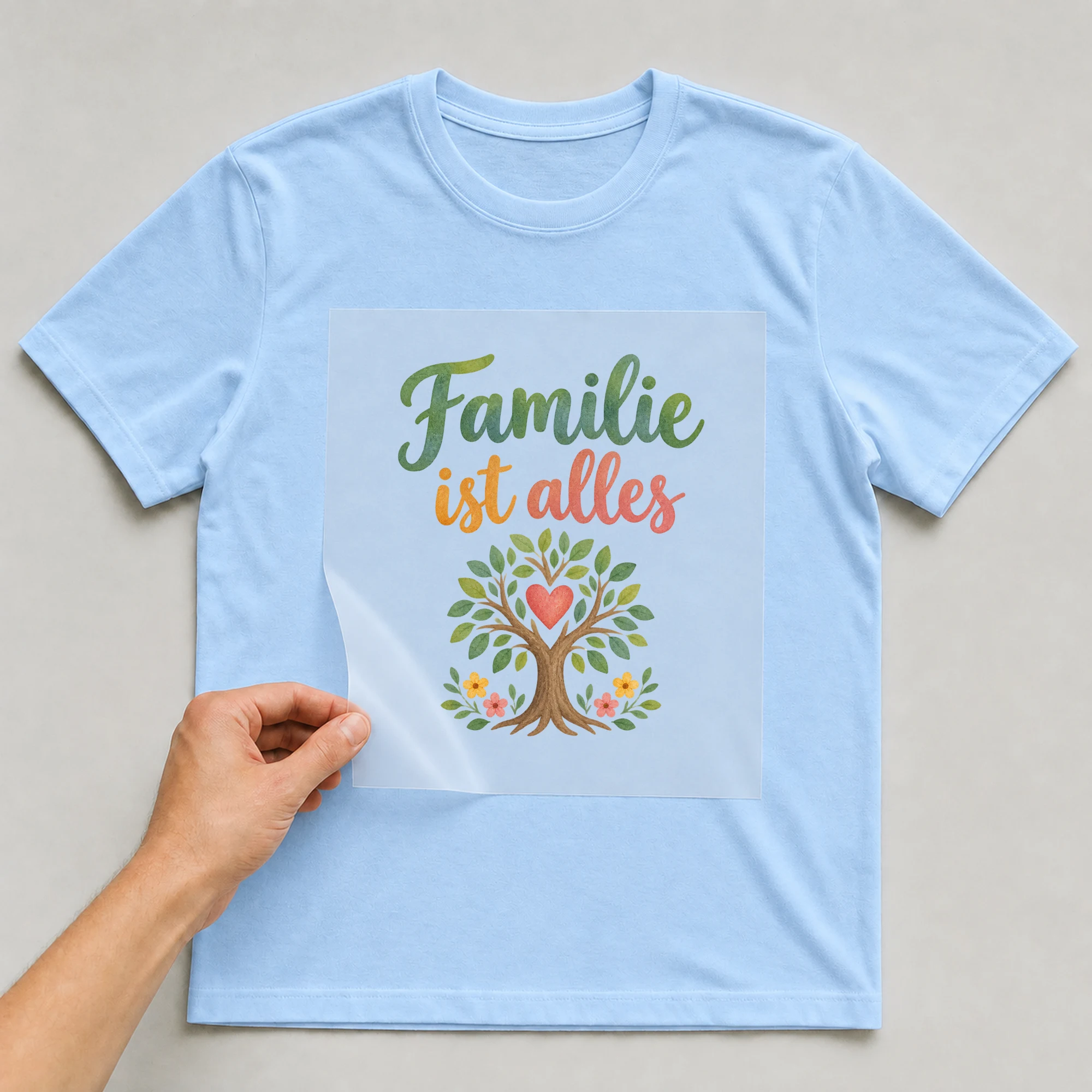Bügelbild „Familie ist alles“ auf babyblauem T-Shirt, Folie wird aufgelegt