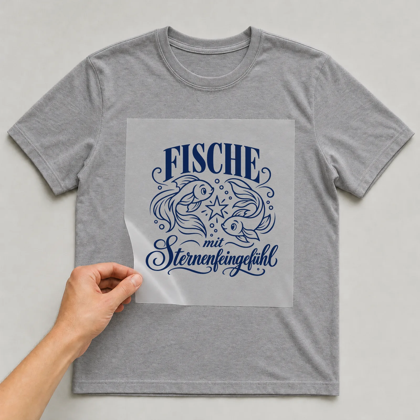 Bügelbild „Fische mit Sternenfeingefühl“ auf grauem T-Shirt, Folie wird aufgelegt