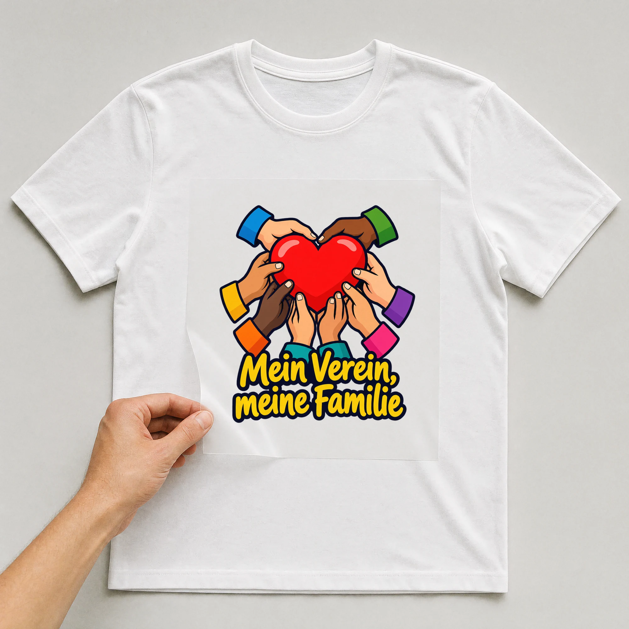 Bügelbild „Mein Verein, meine Familie“ auf weißem T-Shirt, Folie wird aufgelegt